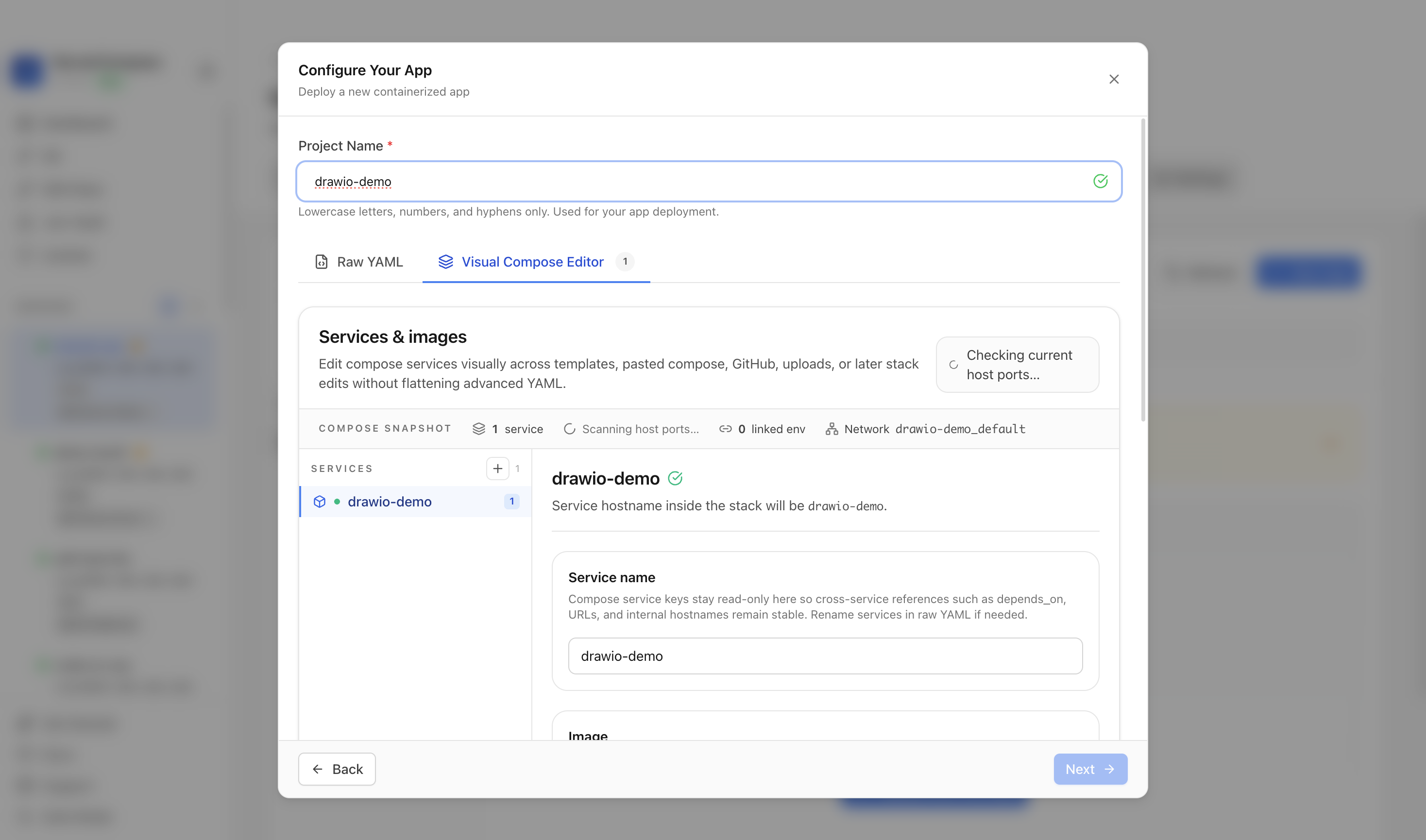 Reviewing Draw.io project settings and compose services