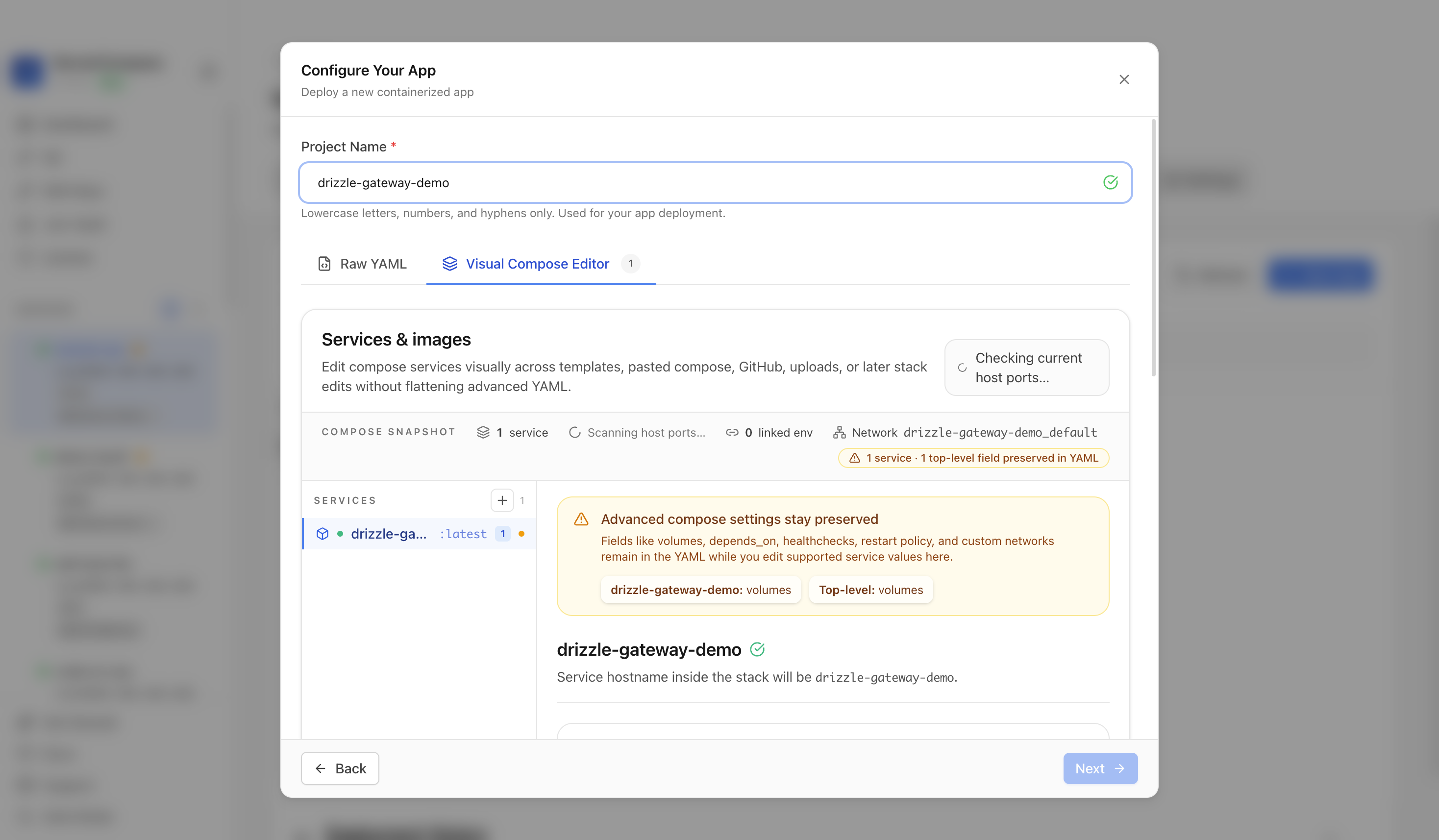 Reviewing Drizzle Gateway project settings and compose service