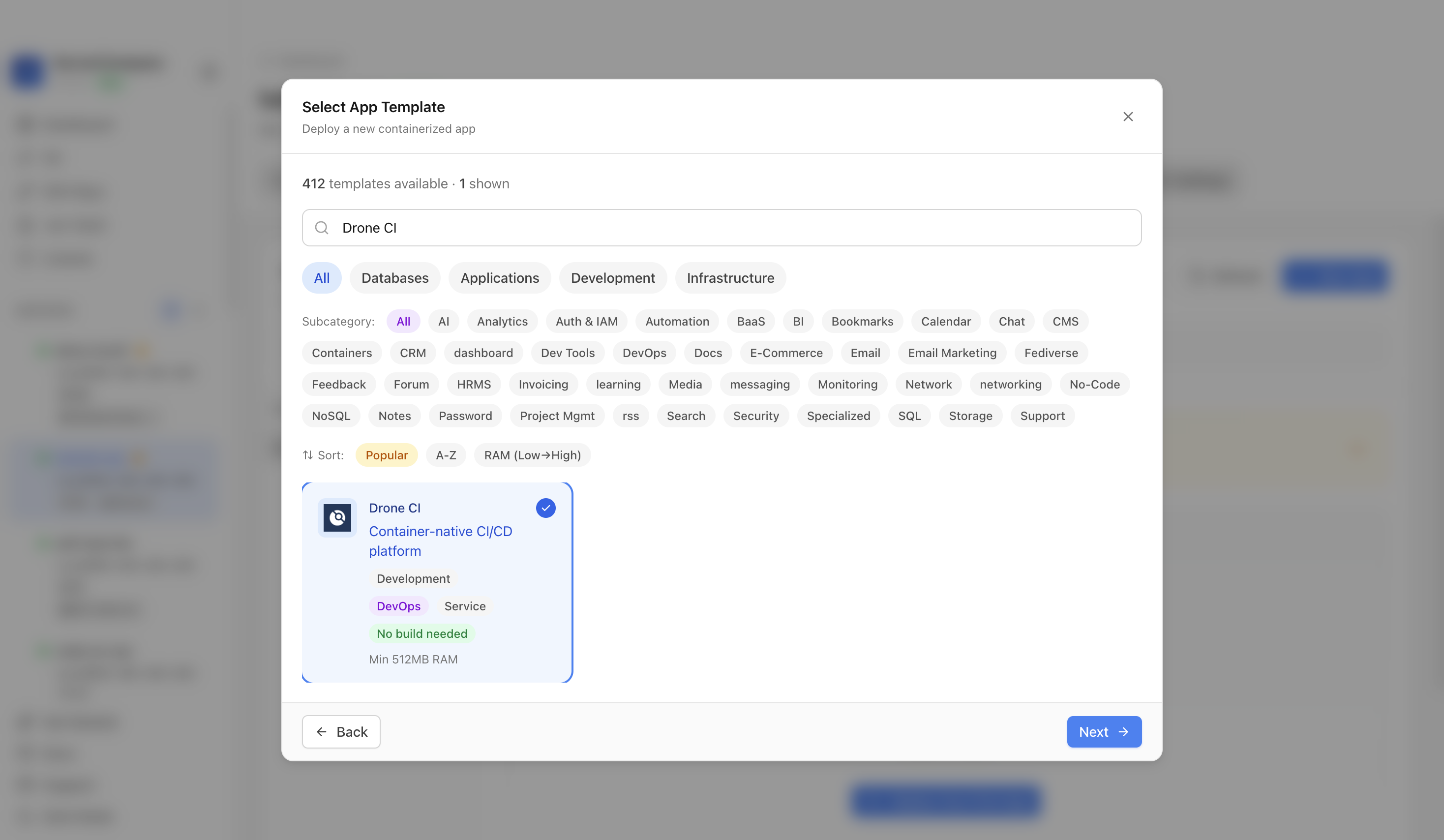 Drone CI template selected in Server Compass