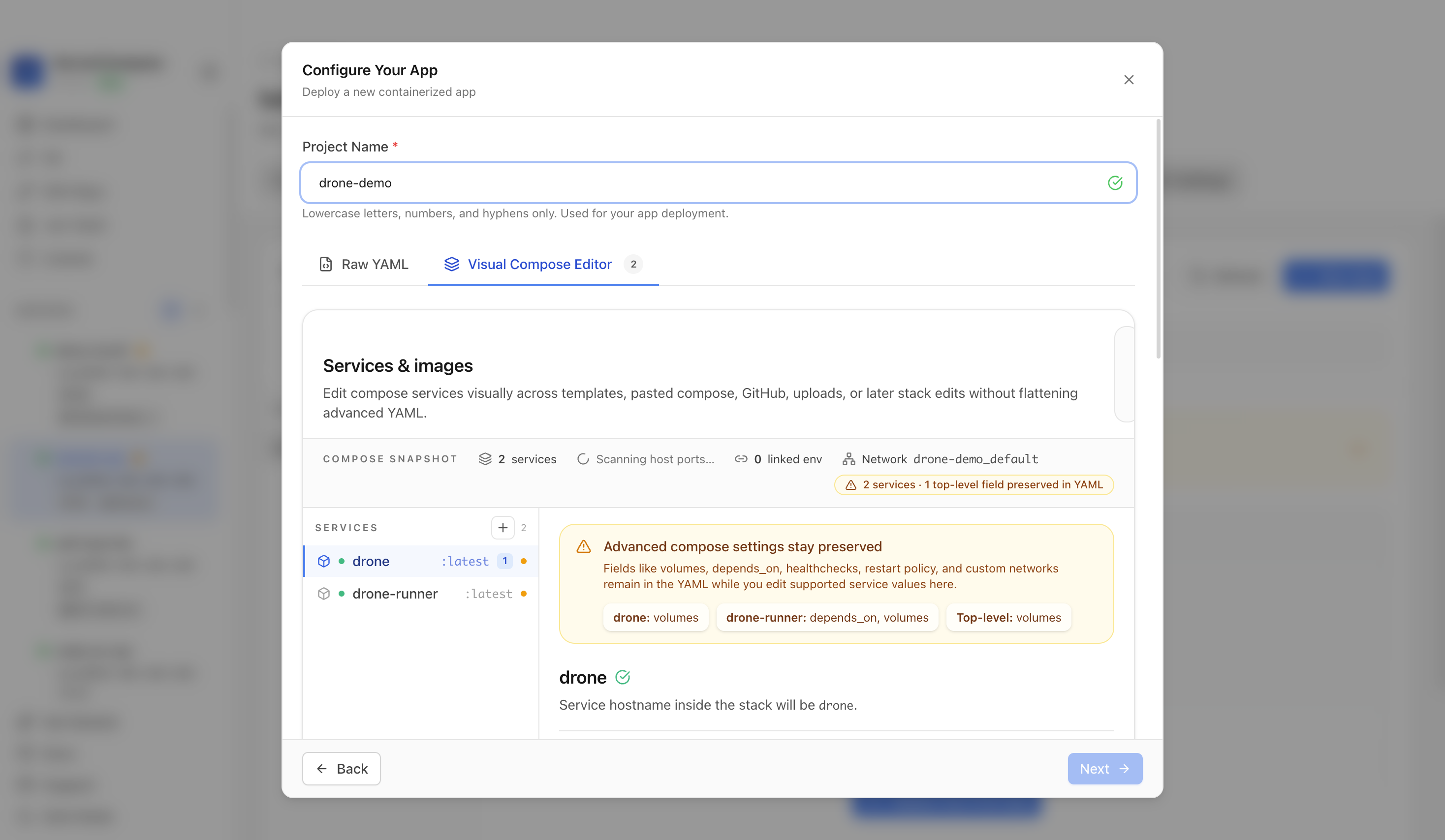 Reviewing Drone CI project settings and compose service