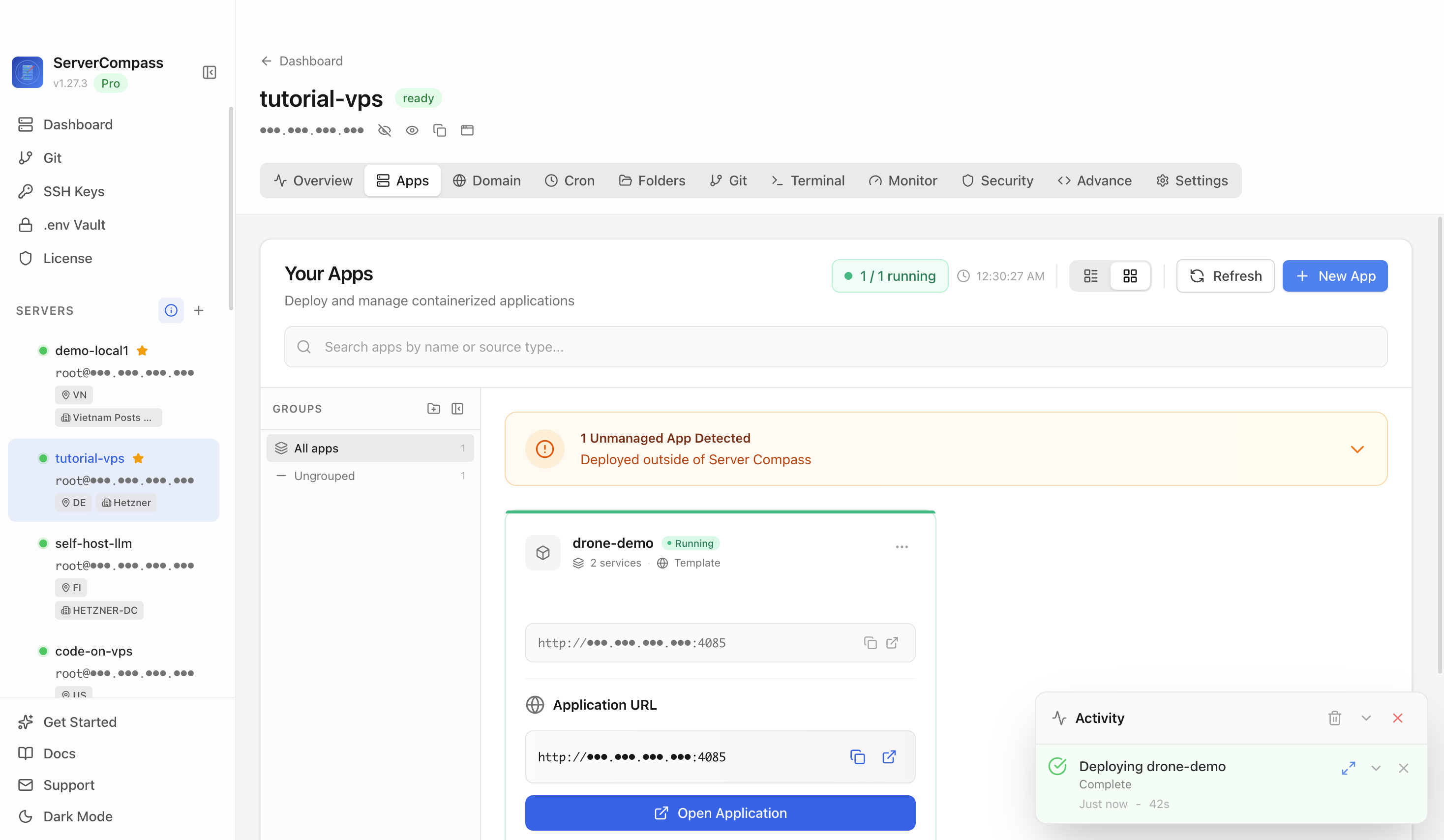 Drone CI template running in the Server Compass Apps tab