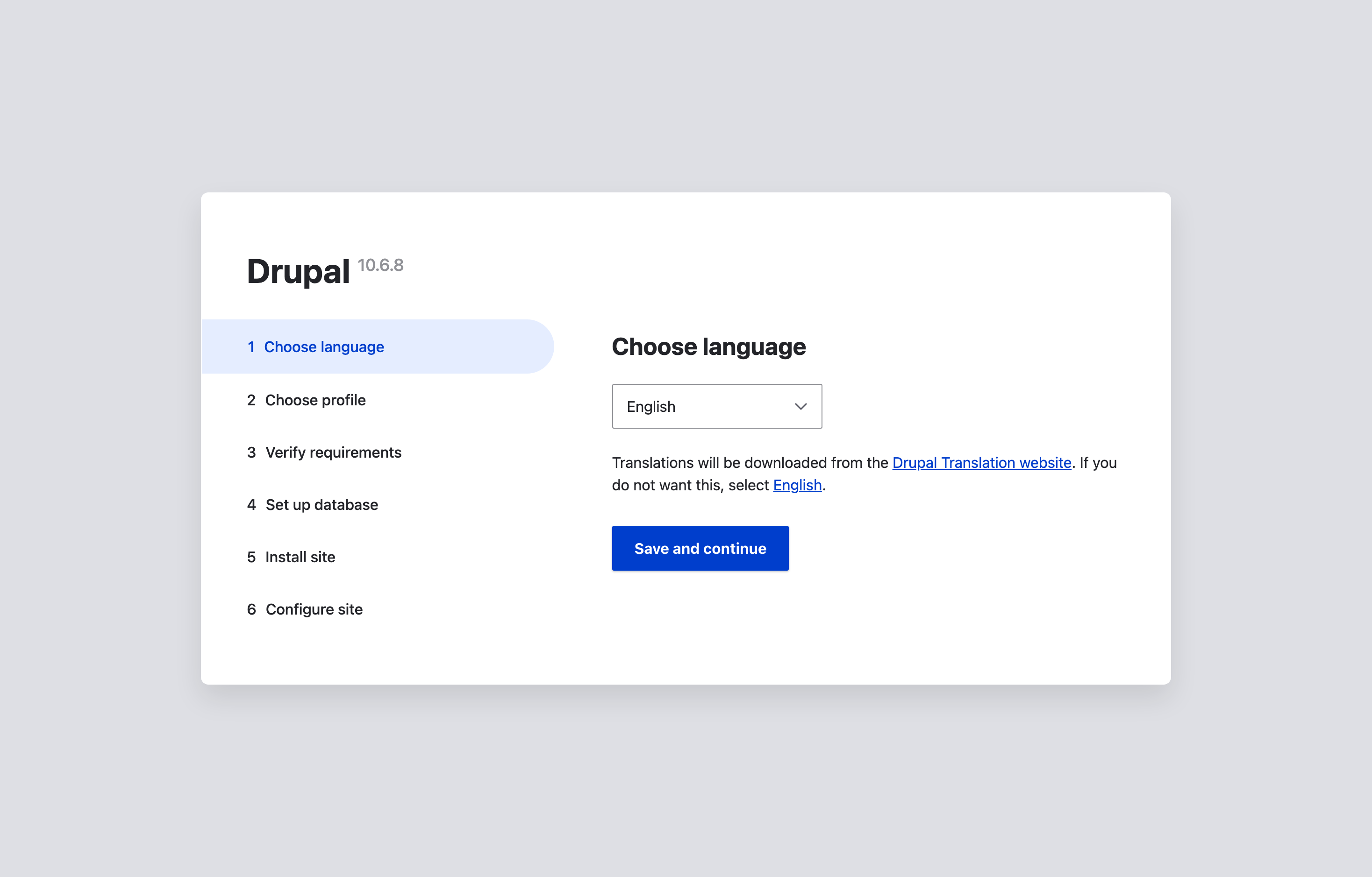 The deployed Drupal install wizard loaded in a browser