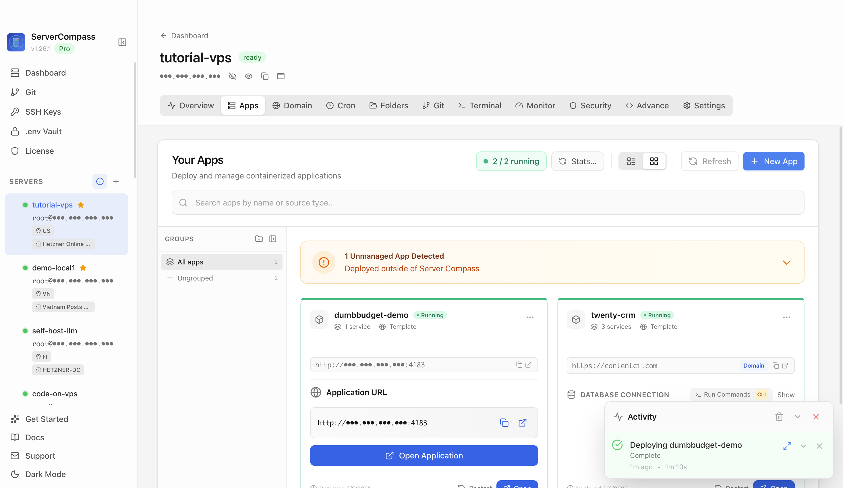 DumbBudget template running in the Server Compass Apps tab