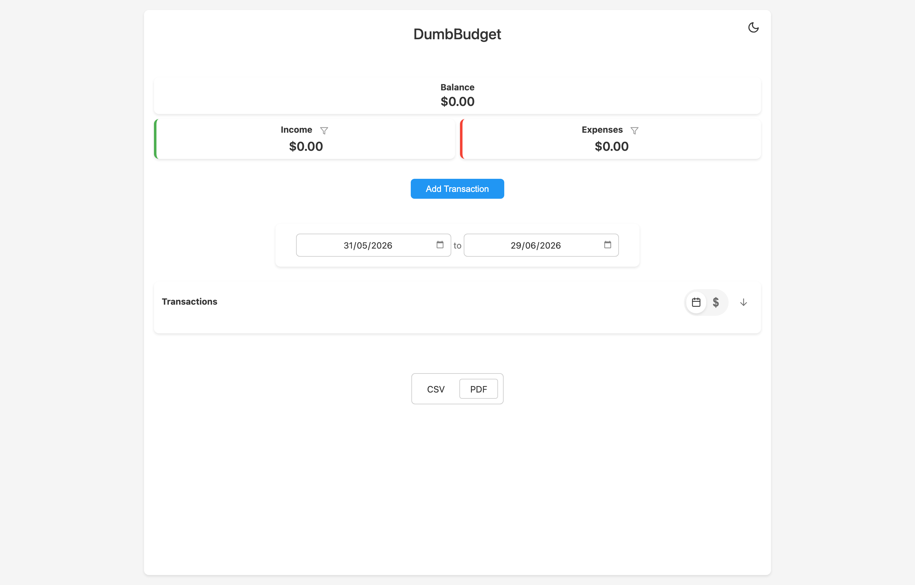 The deployed DumbBudget web UI loaded in a browser