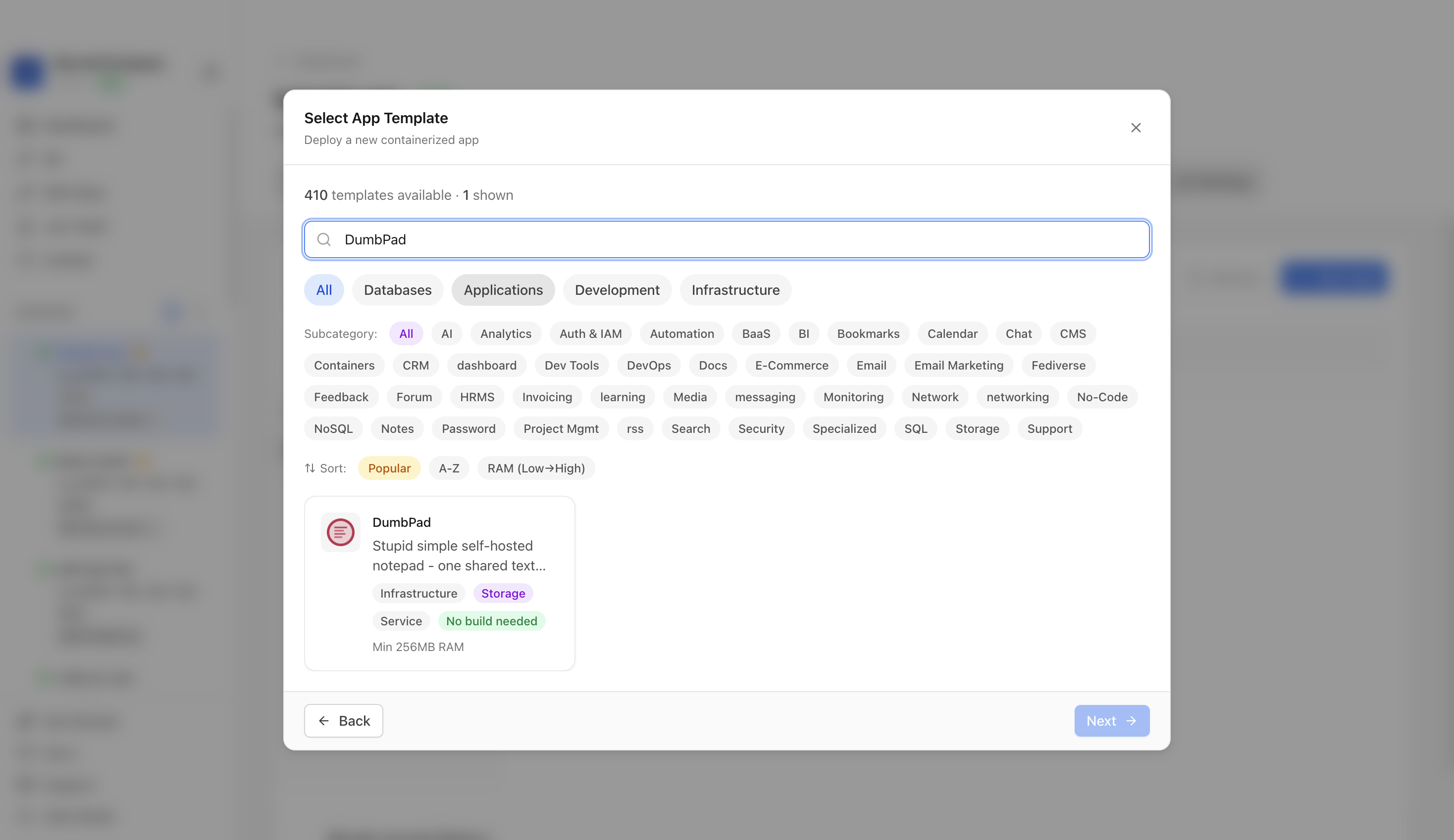 Searching for DumbPad in the Server Compass template picker