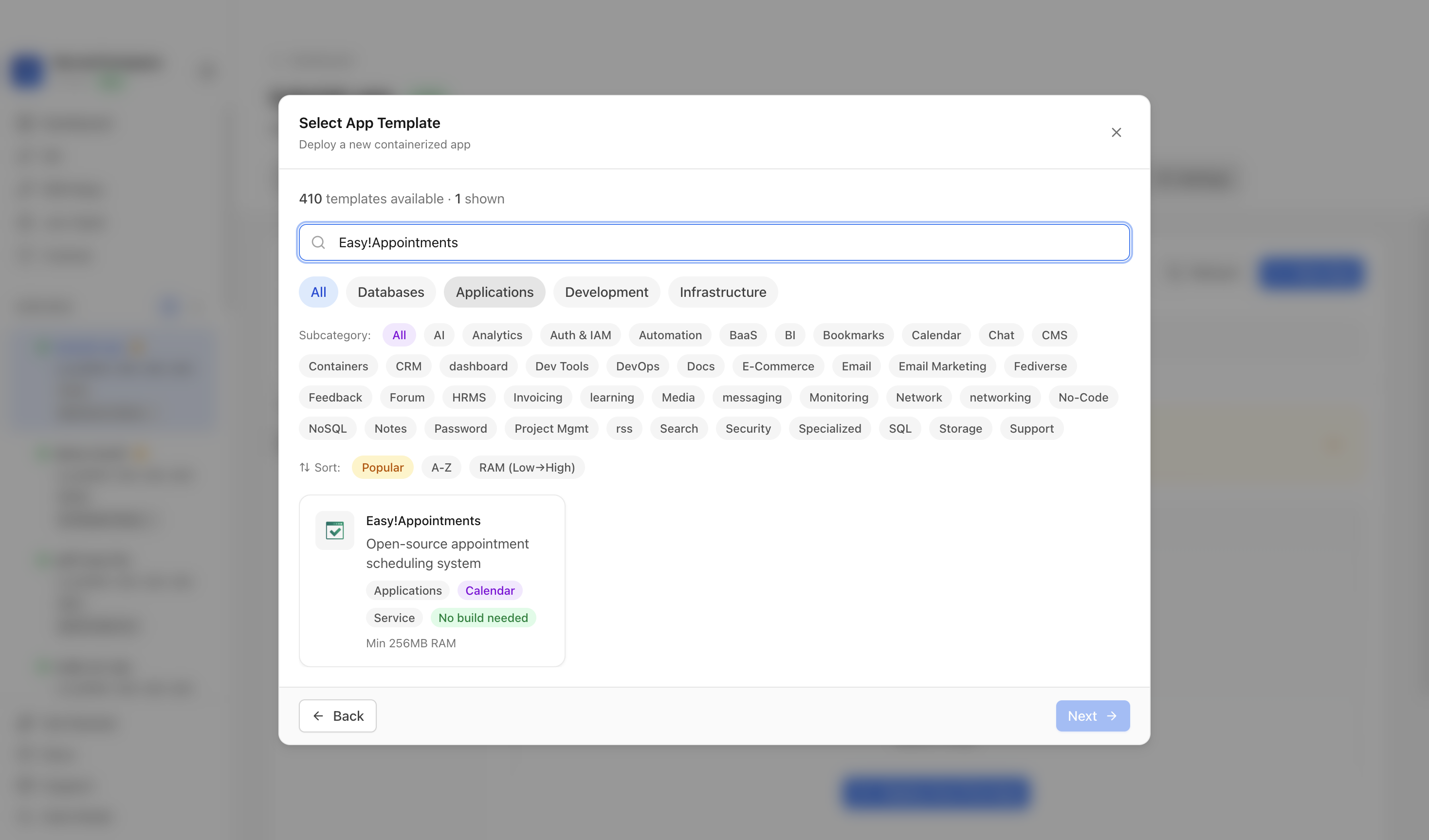 Searching for Easy!Appointments in the Server Compass template picker