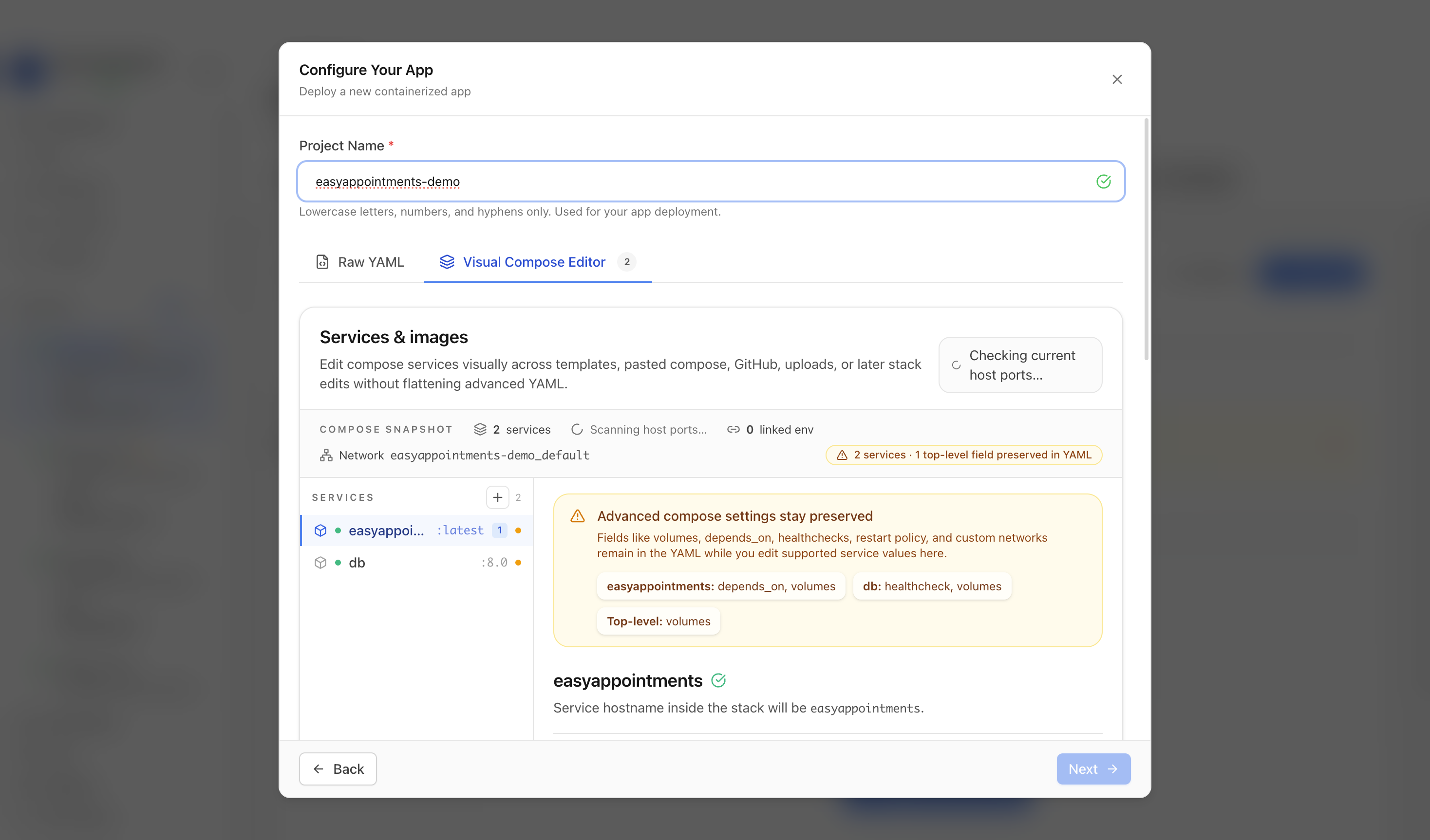 Reviewing Easy!Appointments project settings and compose services