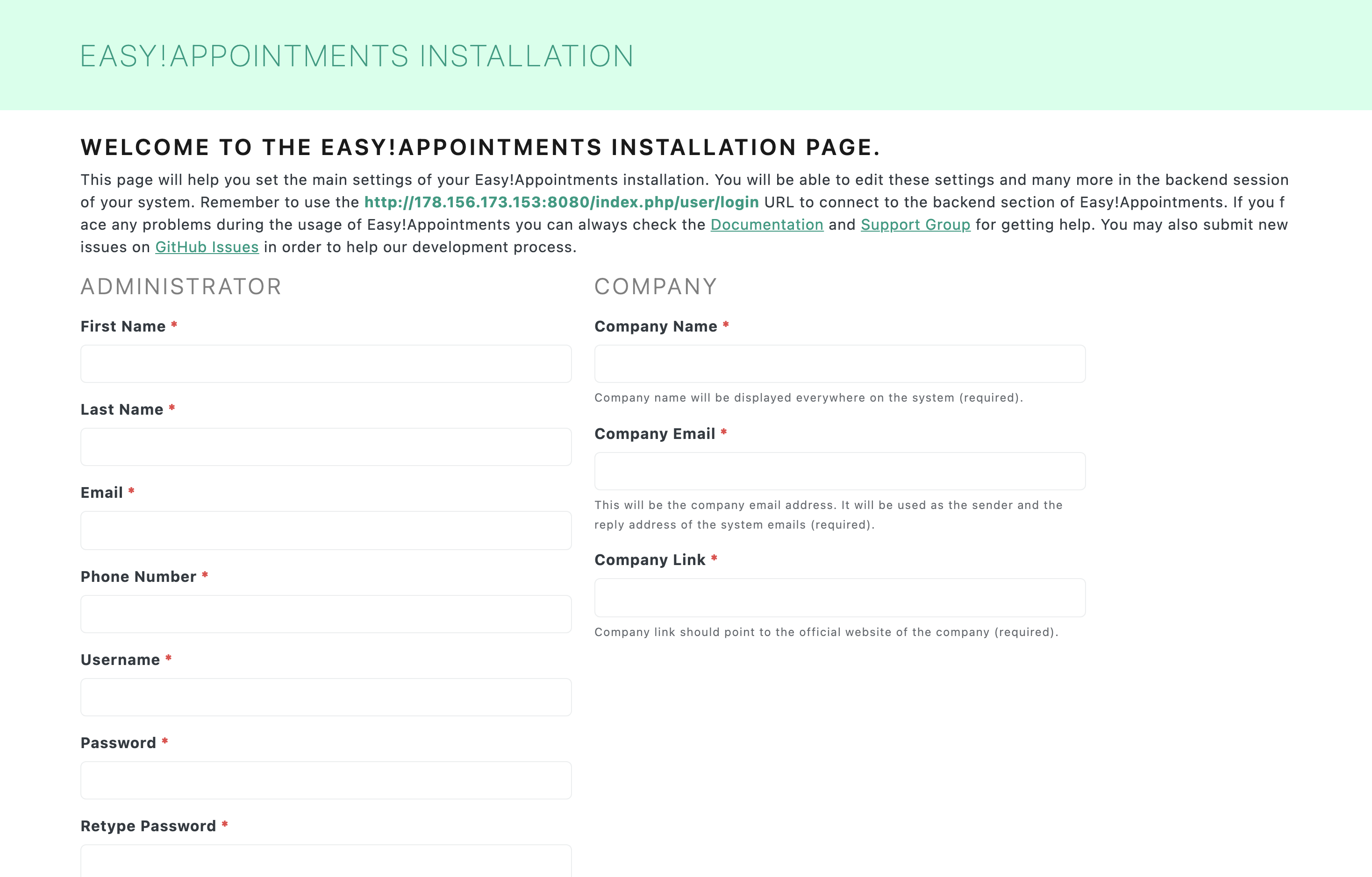 The deployed Easy!Appointments web UI loaded in a browser