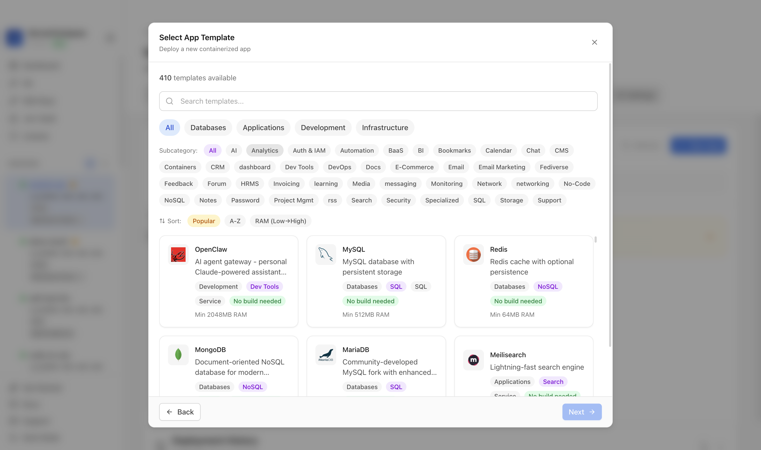 Choosing to deploy an app from a Server Compass template