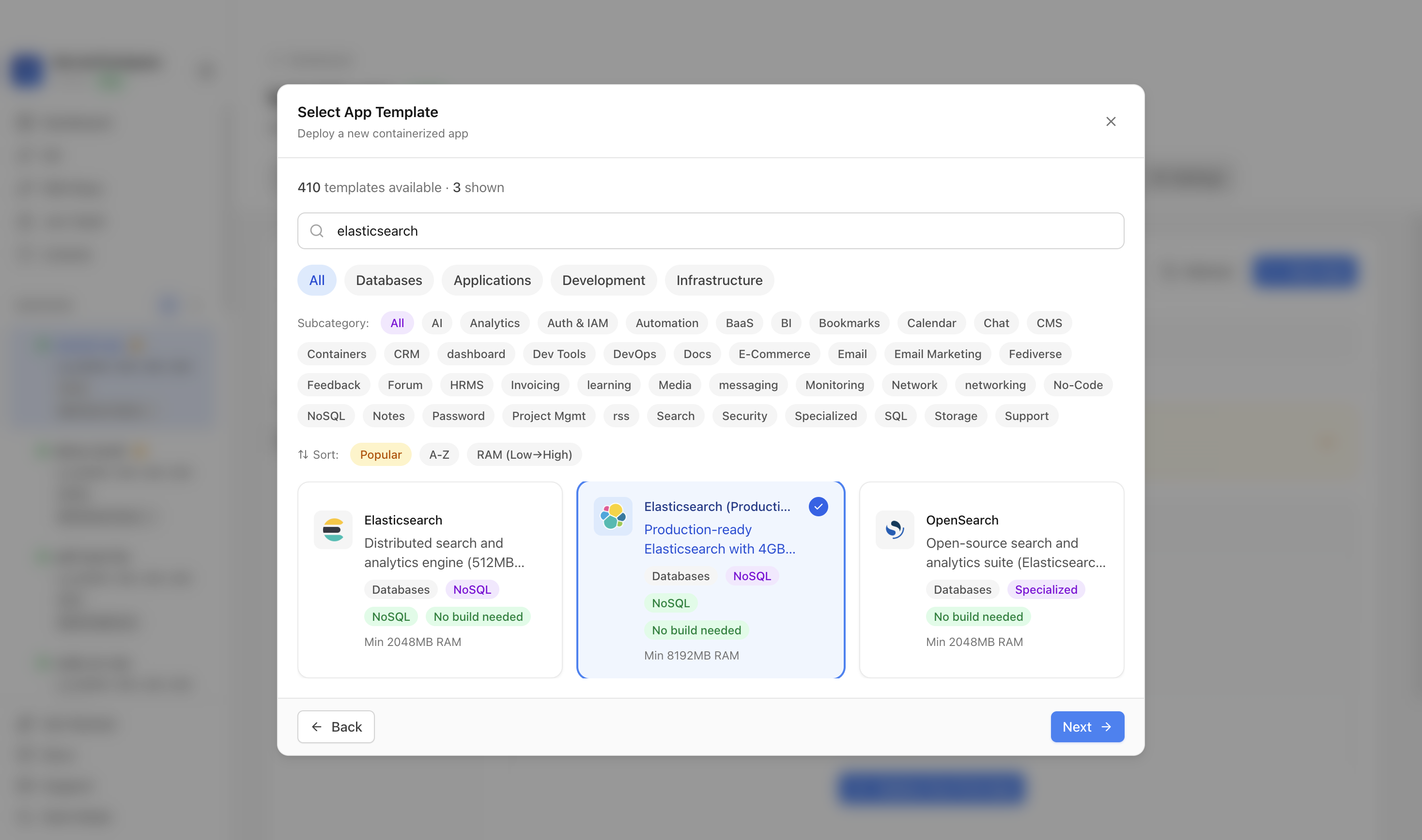 Elasticsearch Production template selected in Server Compass