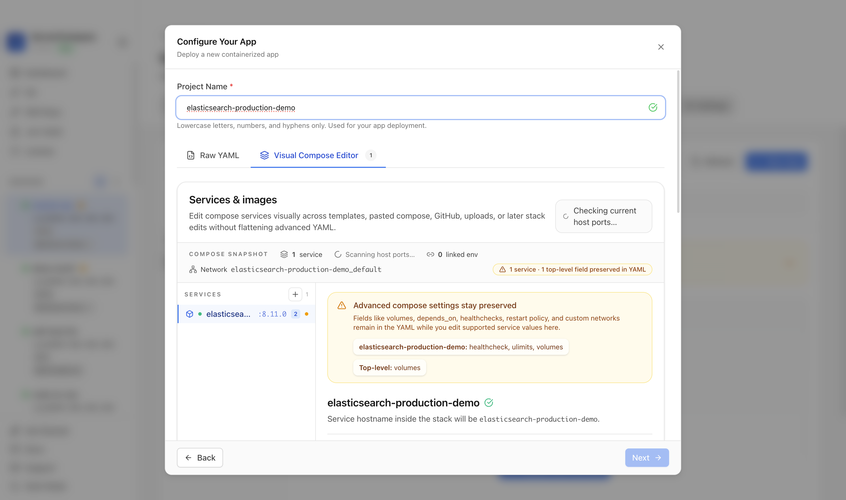 Reviewing Elasticsearch project settings and compose services