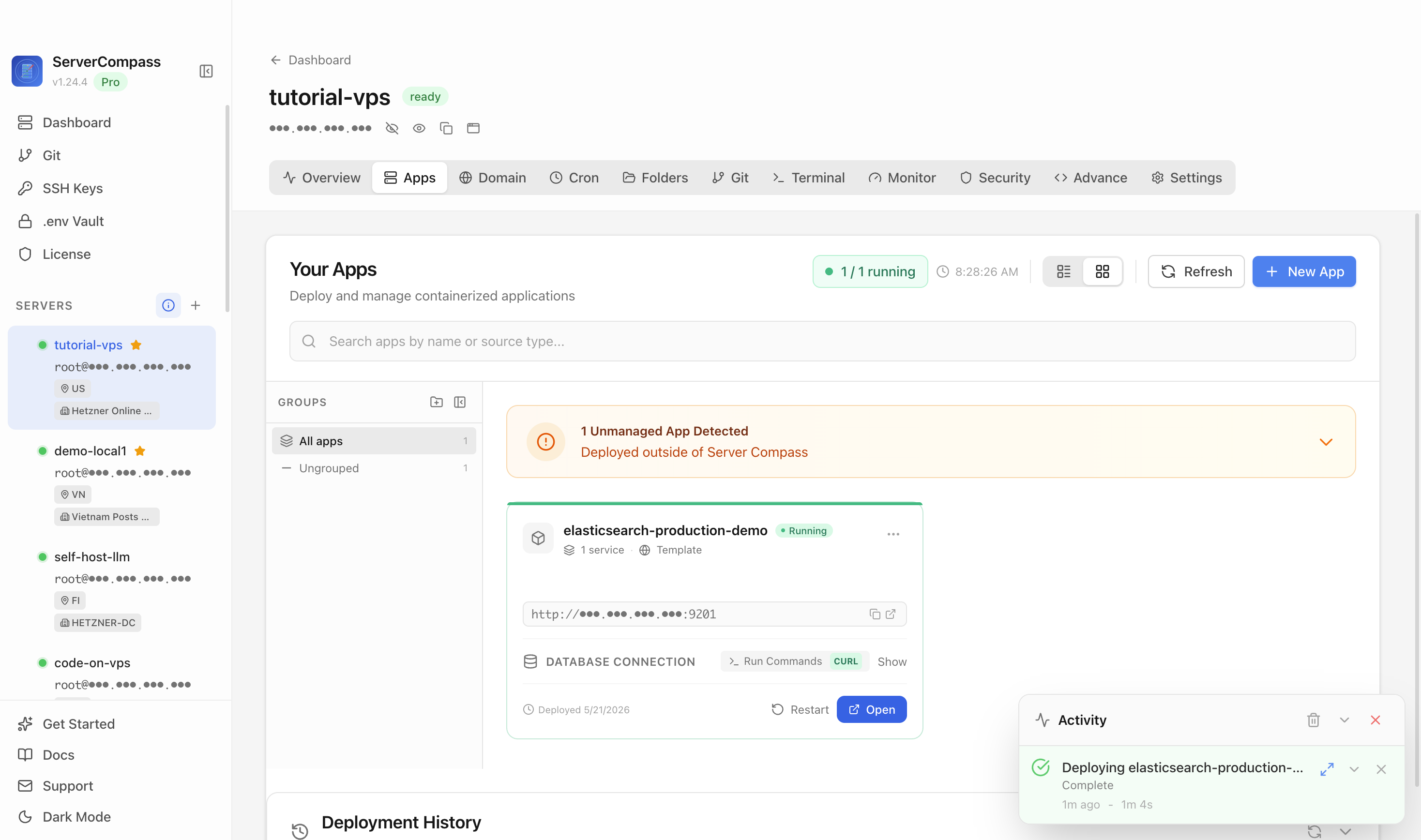 Elasticsearch Production template running in the Server Compass Apps tab