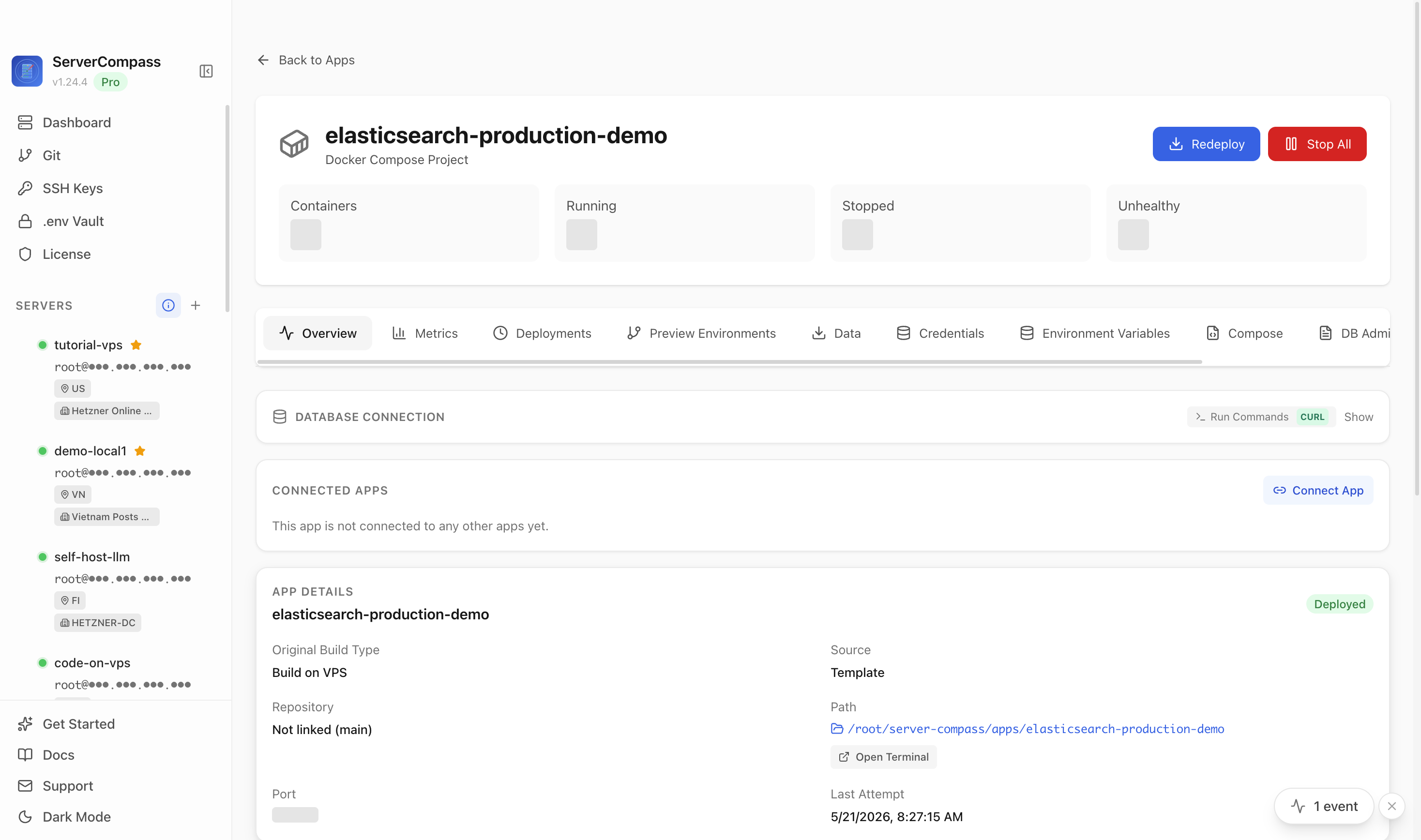 Elasticsearch Production app detail screen after verifying the deployed database container