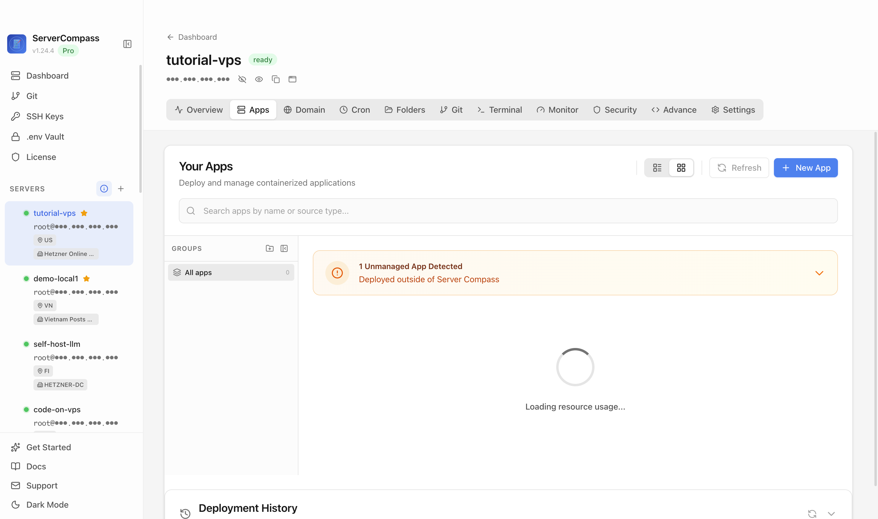 Server Compass Apps tab before creating an Elasticsearch app
