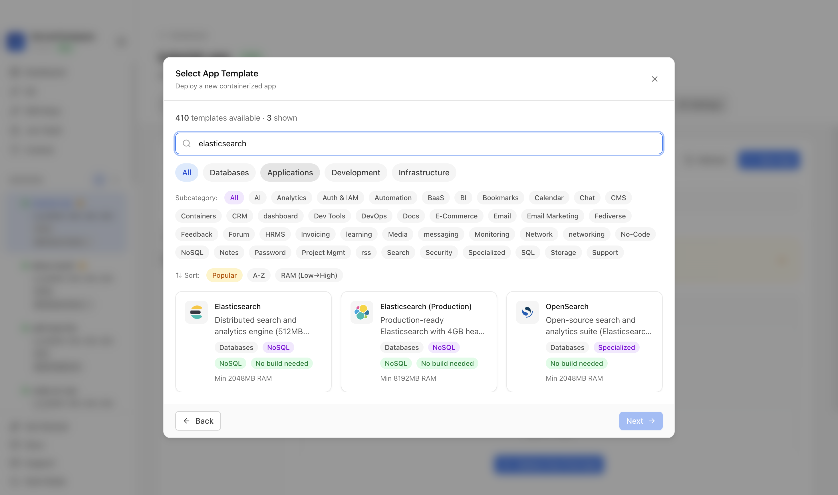 Searching for Elasticsearch in the Server Compass template picker