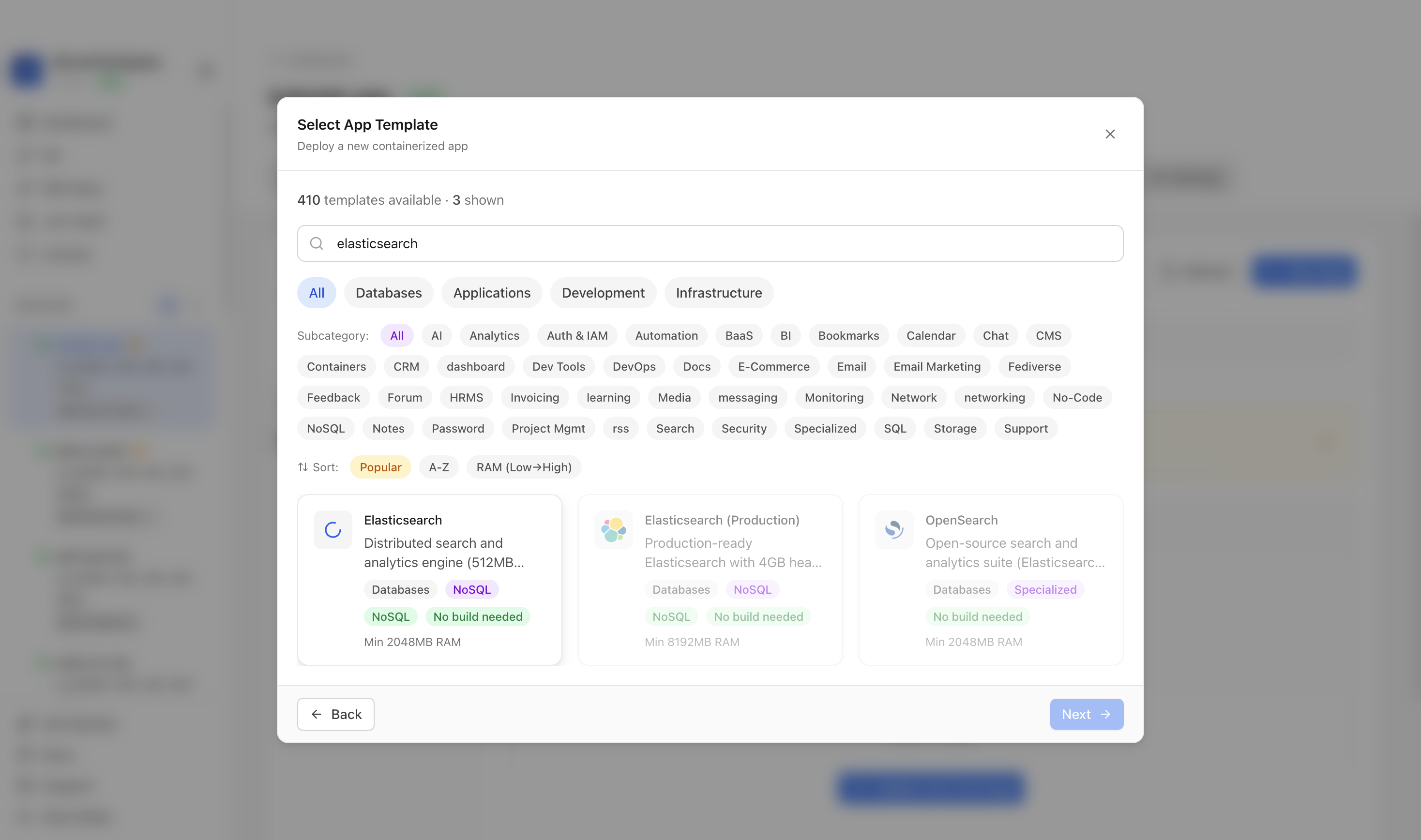 Elasticsearch template selected in Server Compass