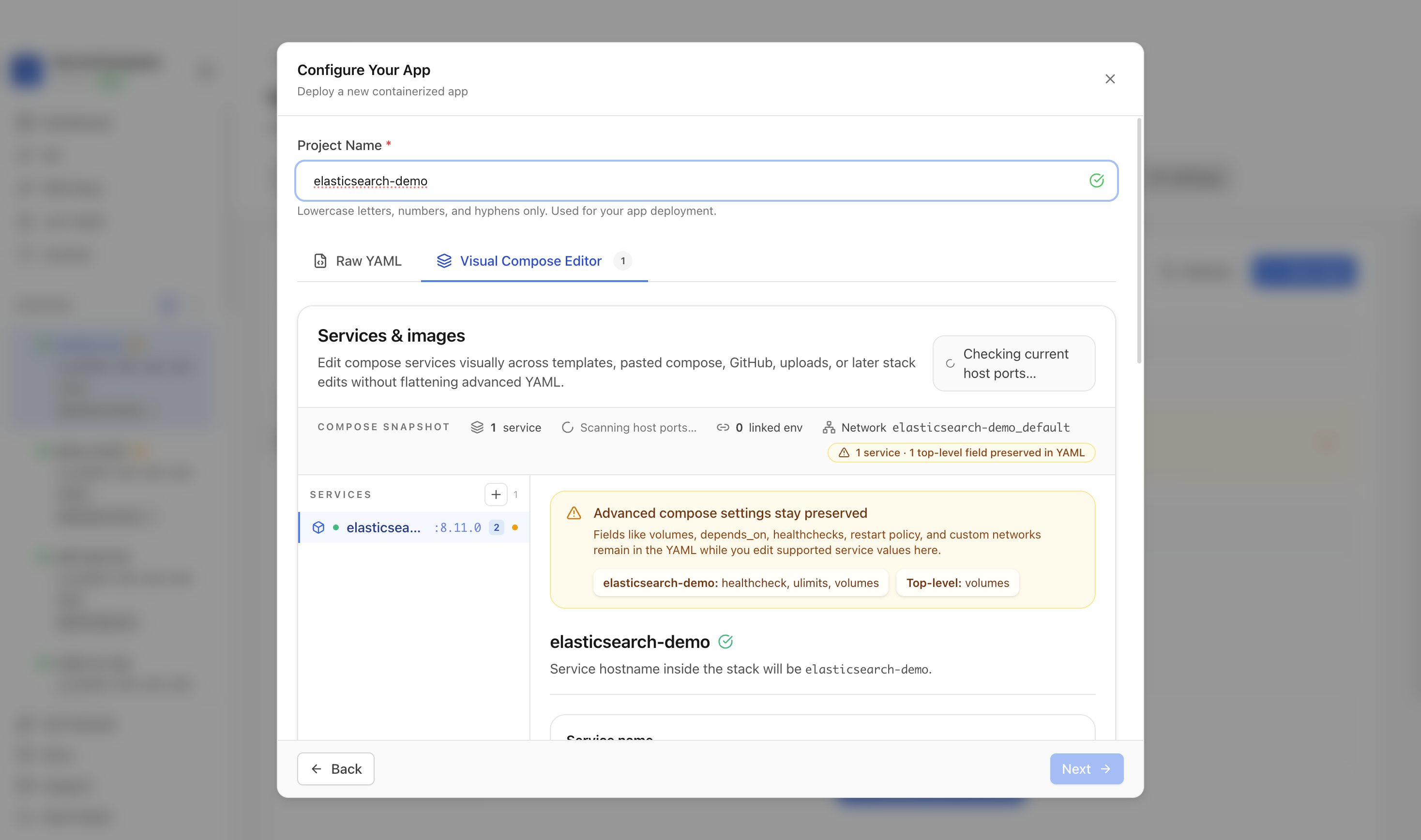 Reviewing Elasticsearch project settings and compose services