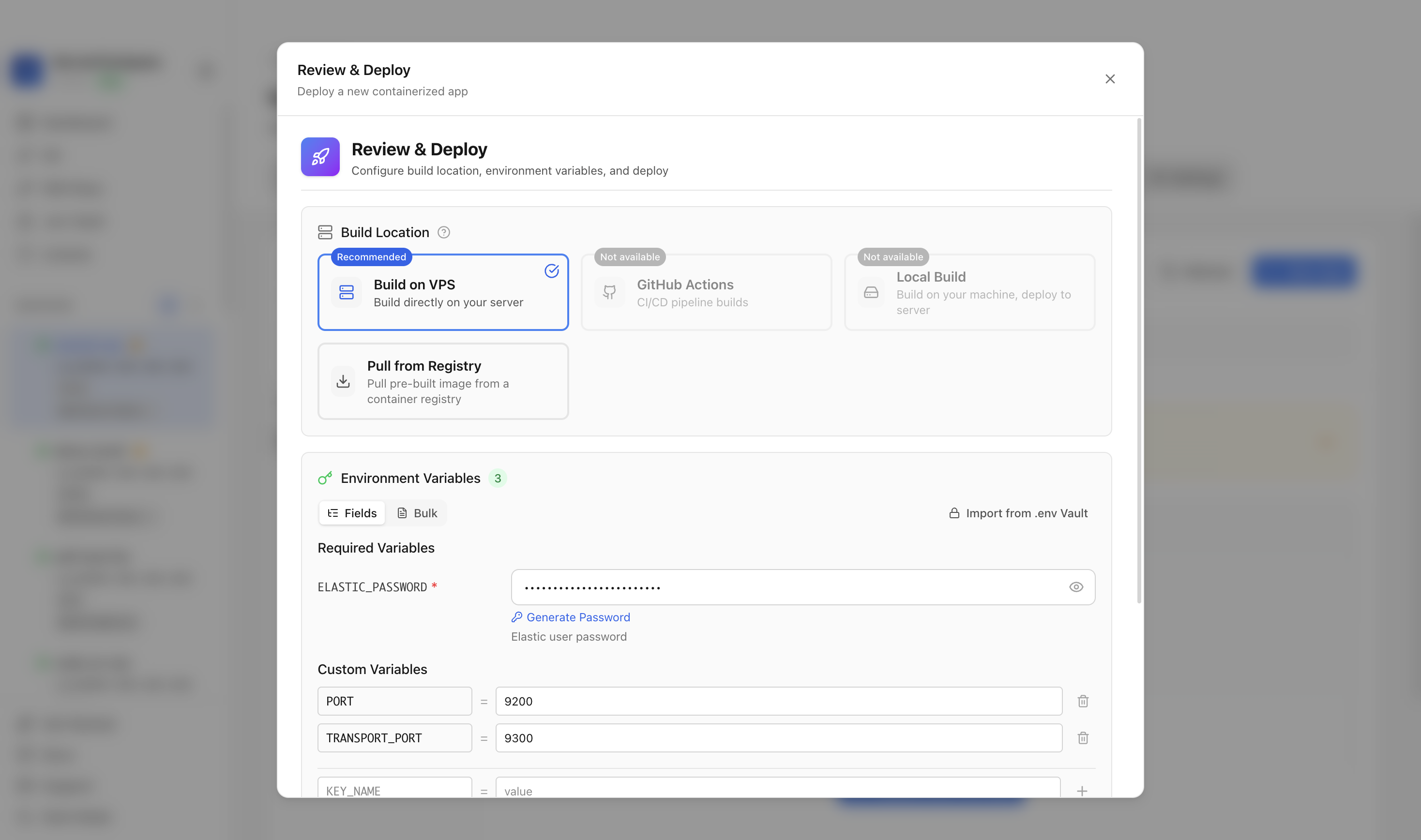 Reviewing Elasticsearch environment variables and port before deployment