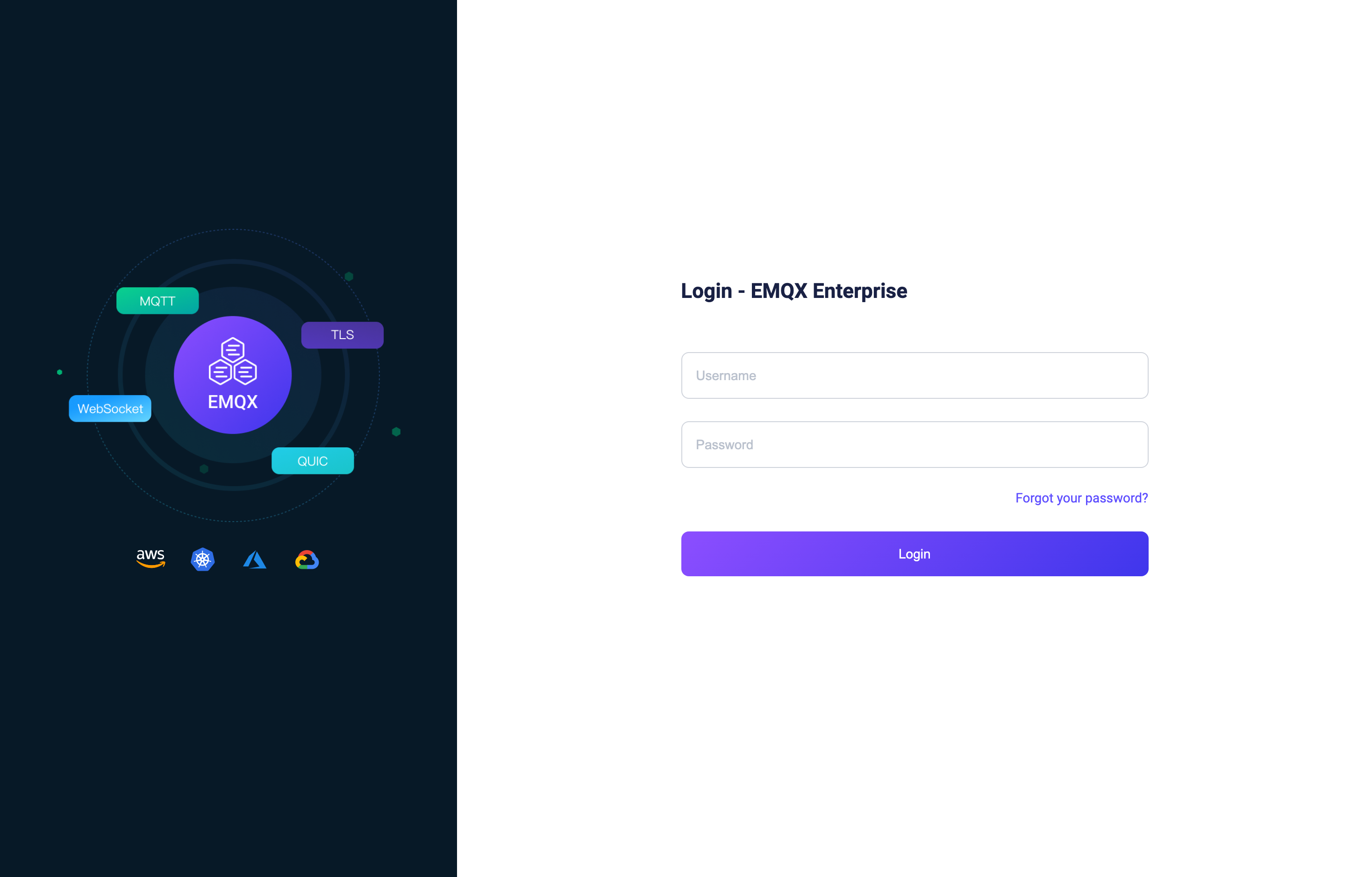 The deployed EMQX login screen loaded in a browser