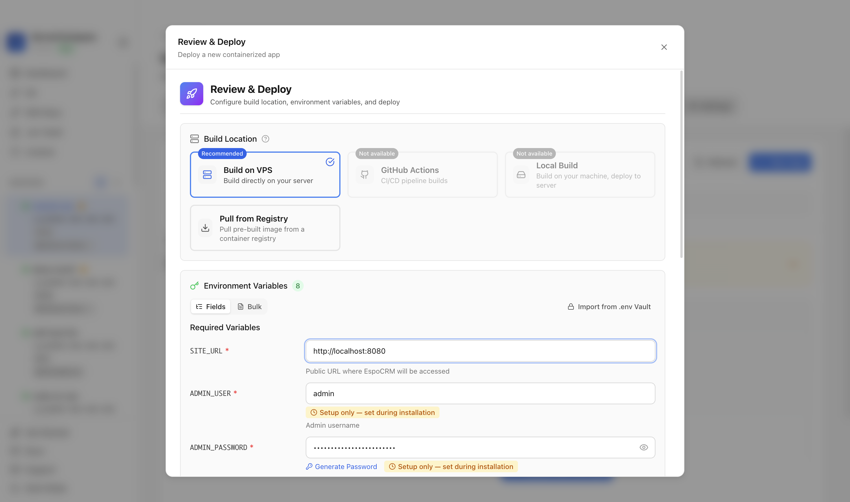 Reviewing EspoCRM environment variables and port before deployment