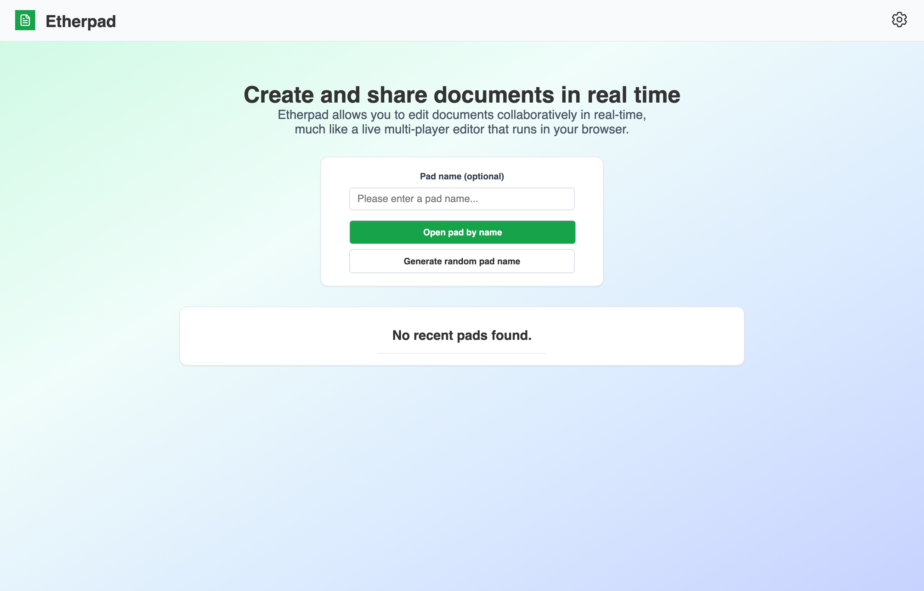 The deployed Etherpad web UI loaded in a browser