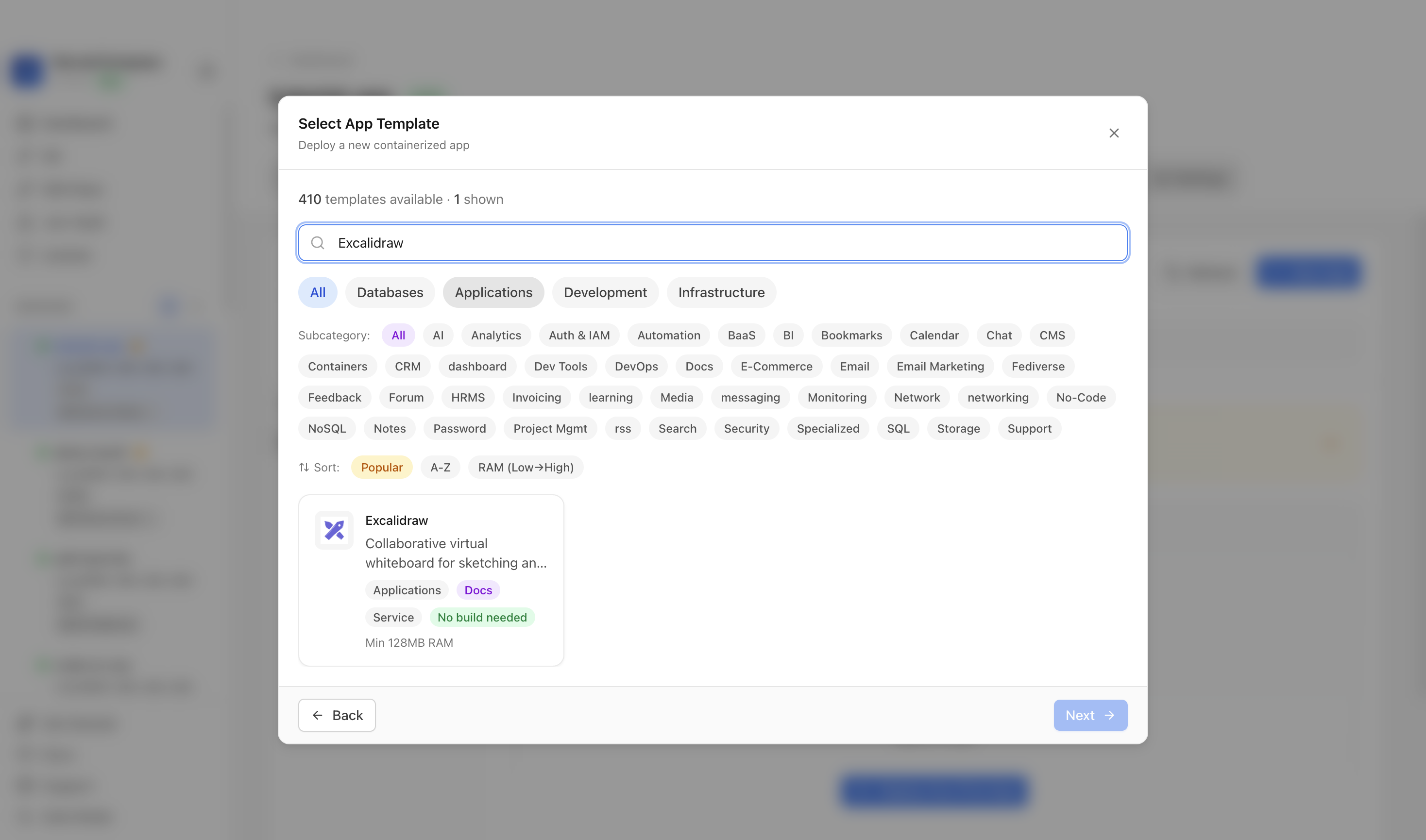 Searching for Excalidraw in the Server Compass template picker