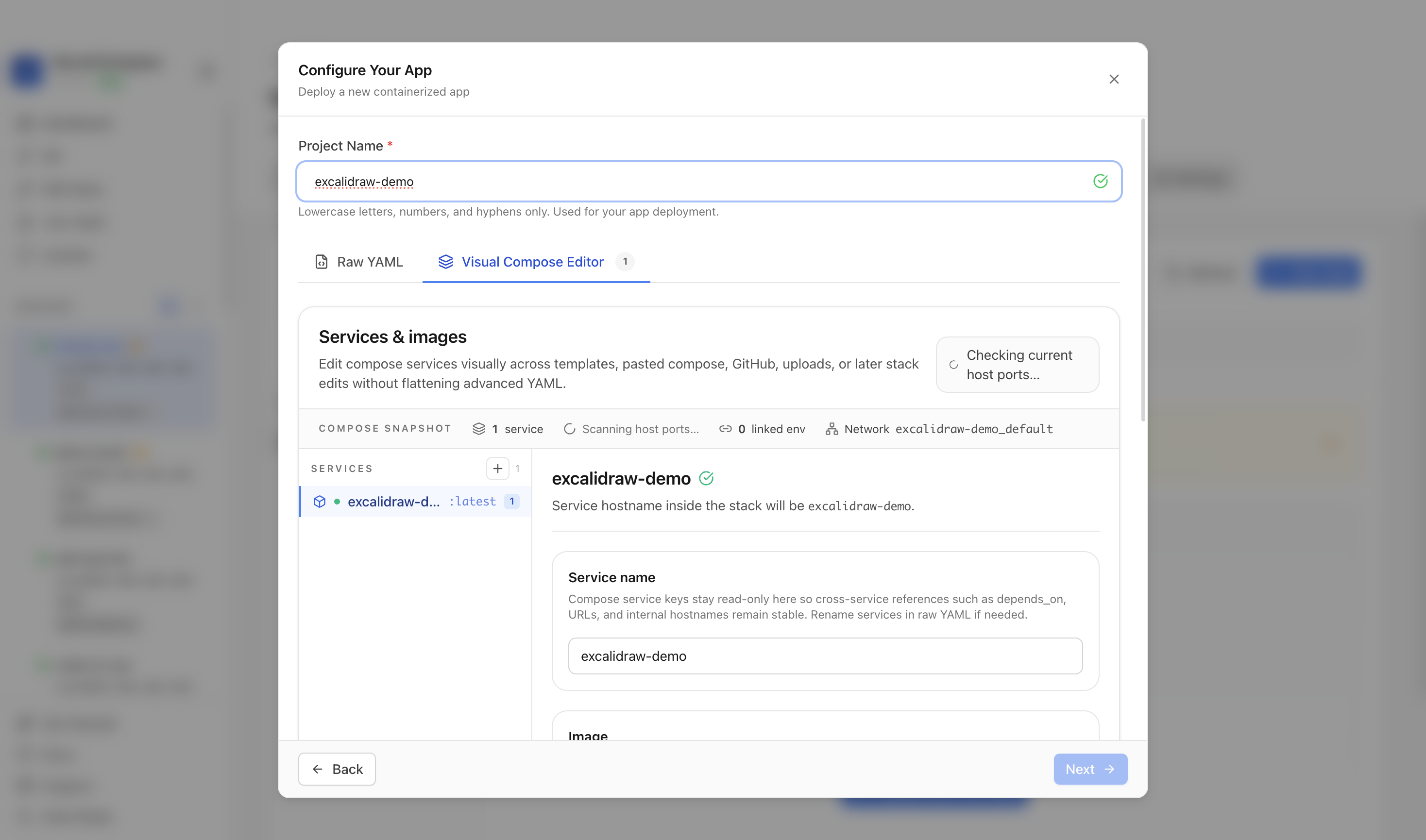 Reviewing Excalidraw project settings and compose services