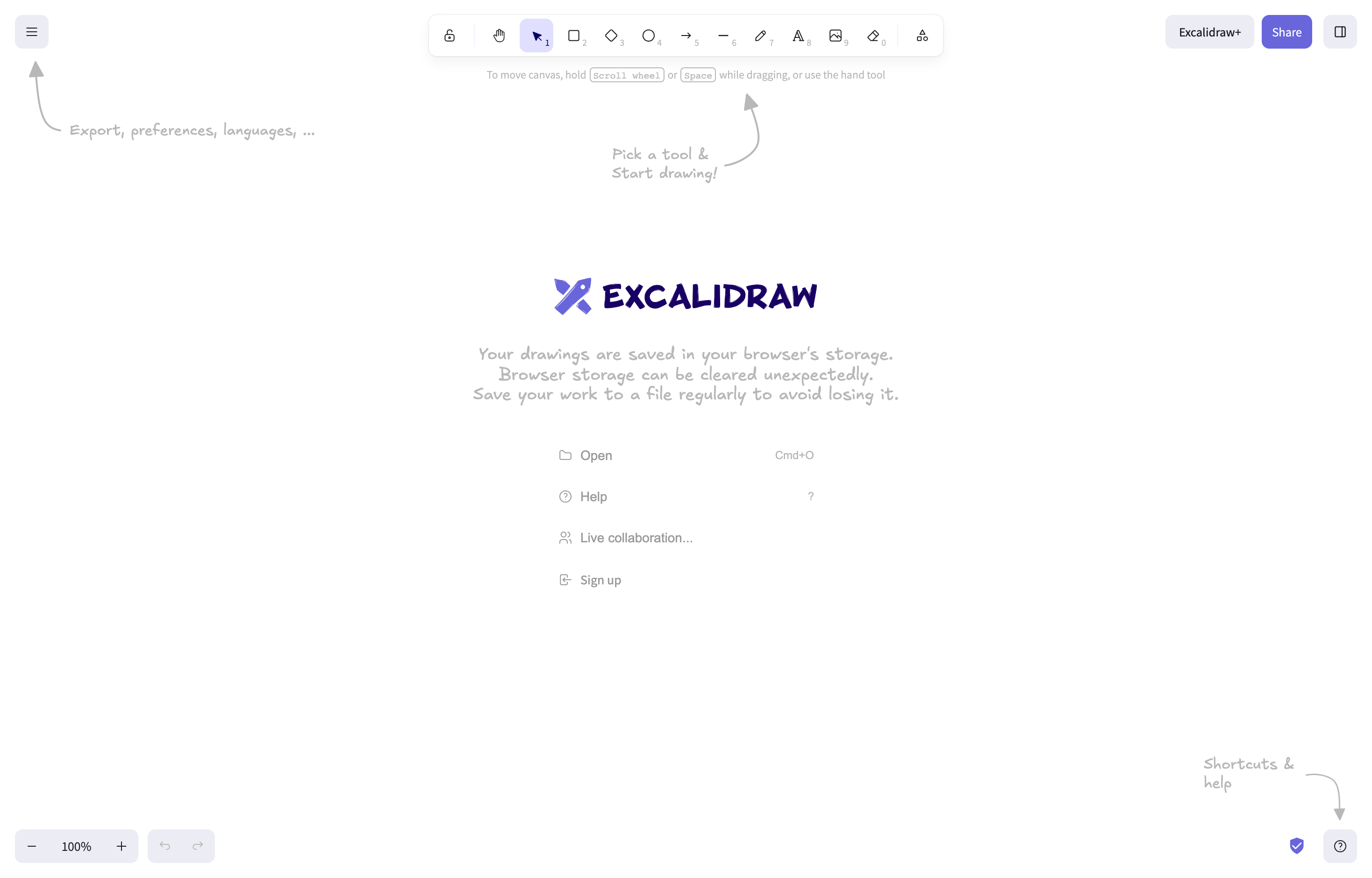 The deployed Excalidraw web UI loaded in a browser