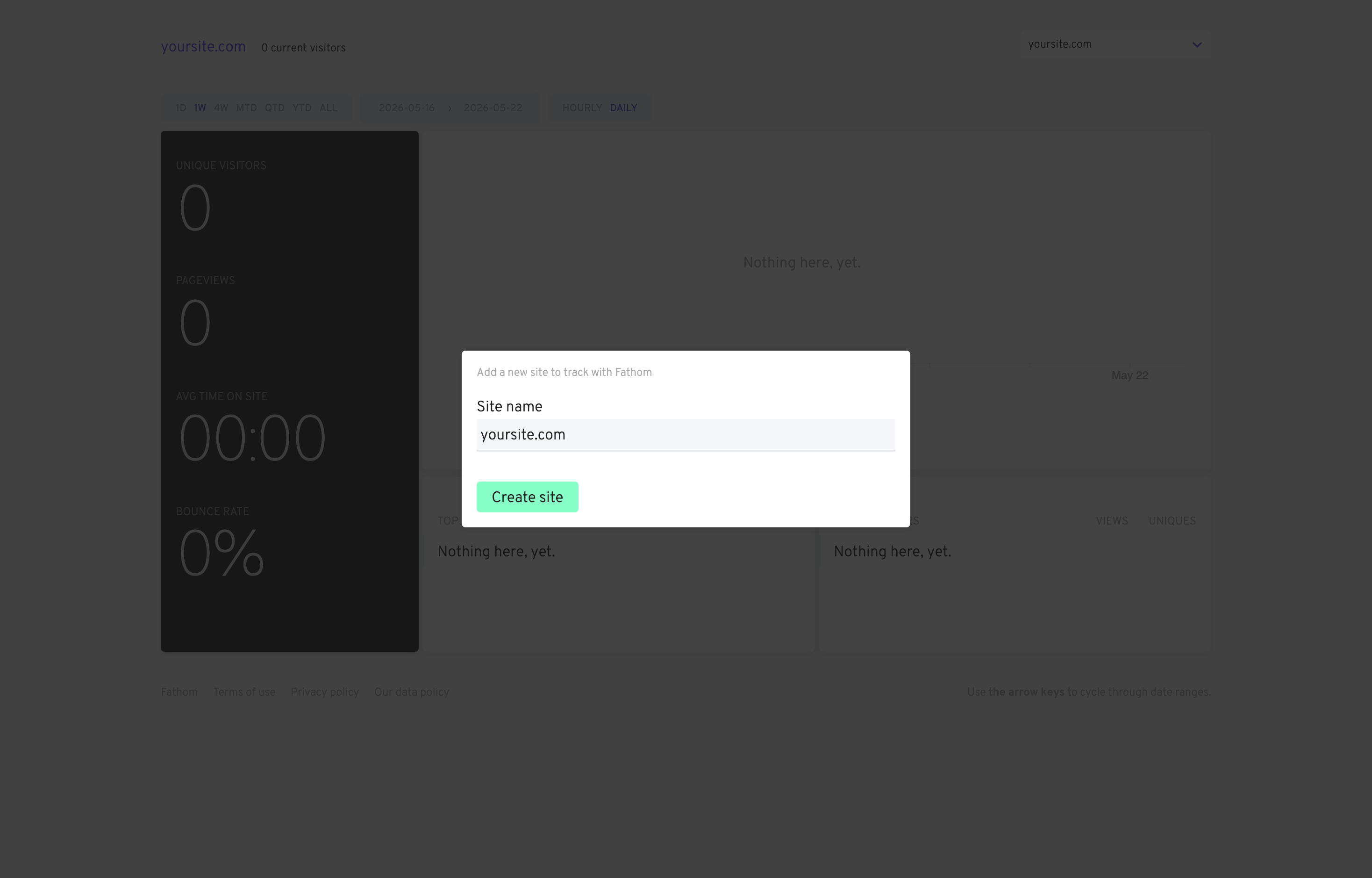The deployed Fathom Analytics web UI loaded in a browser