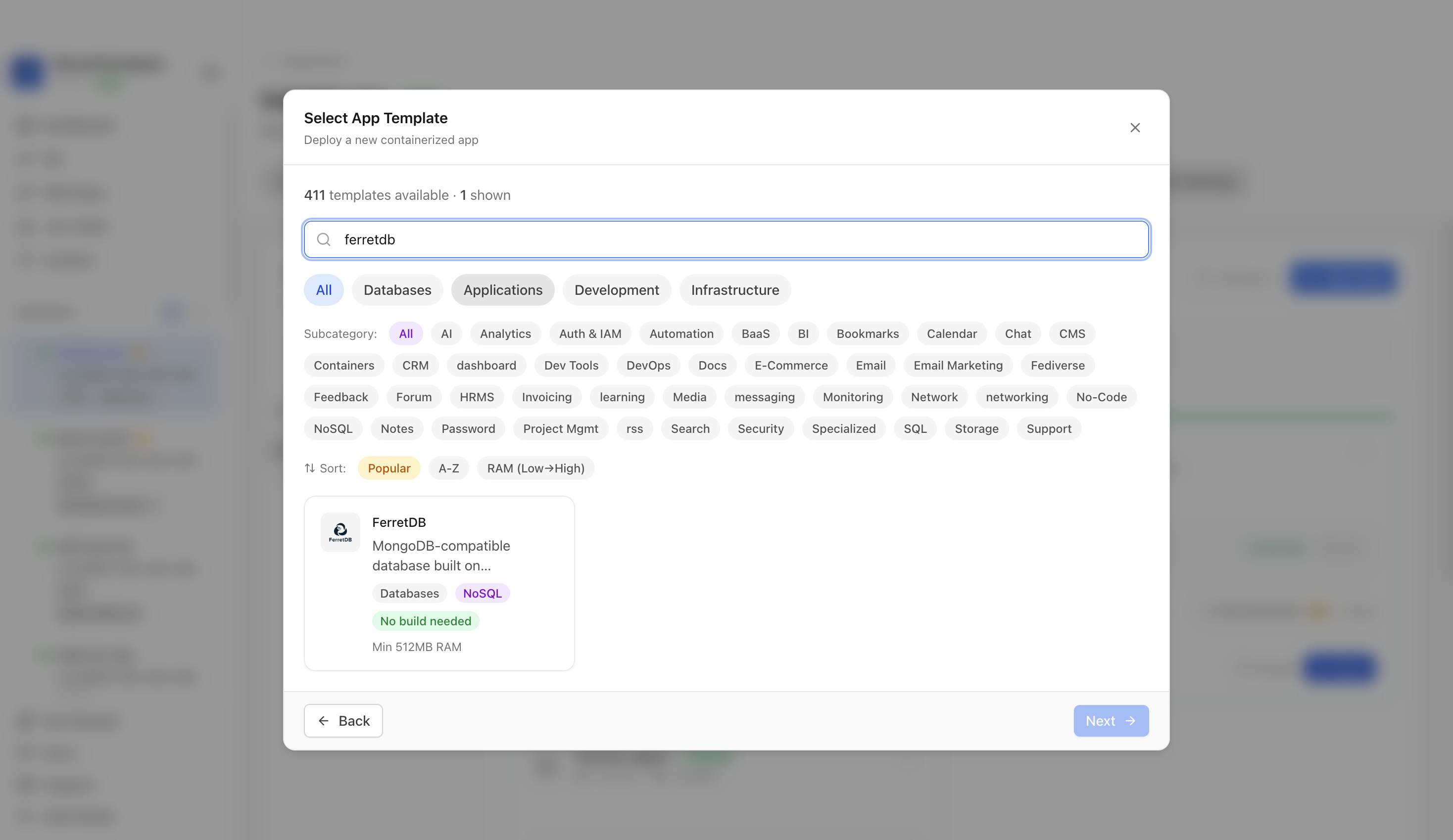 Searching for FerretDB in the Server Compass template picker
