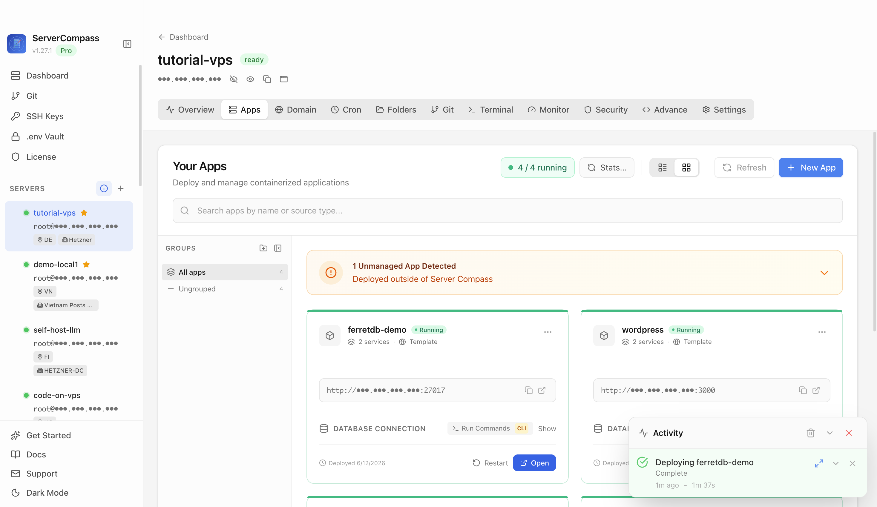 FerretDB template running in the Server Compass Apps tab