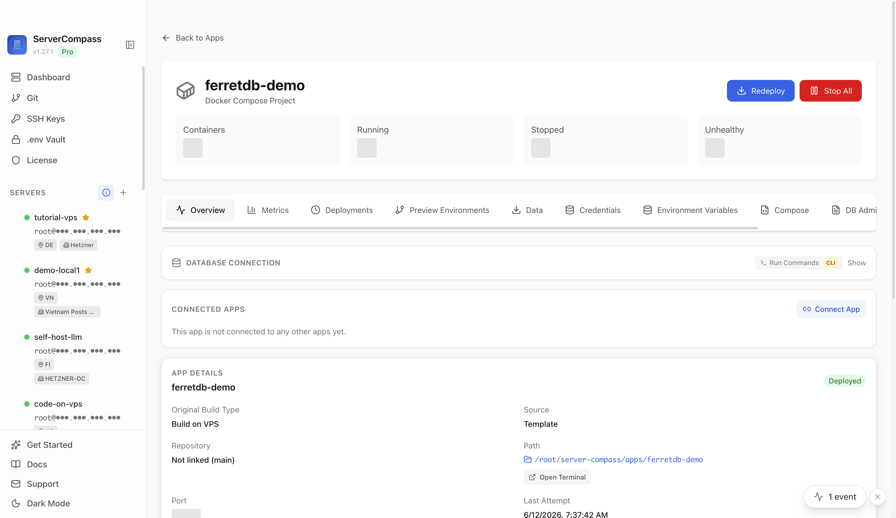 FerretDB app detail screen after verifying the deployed database container