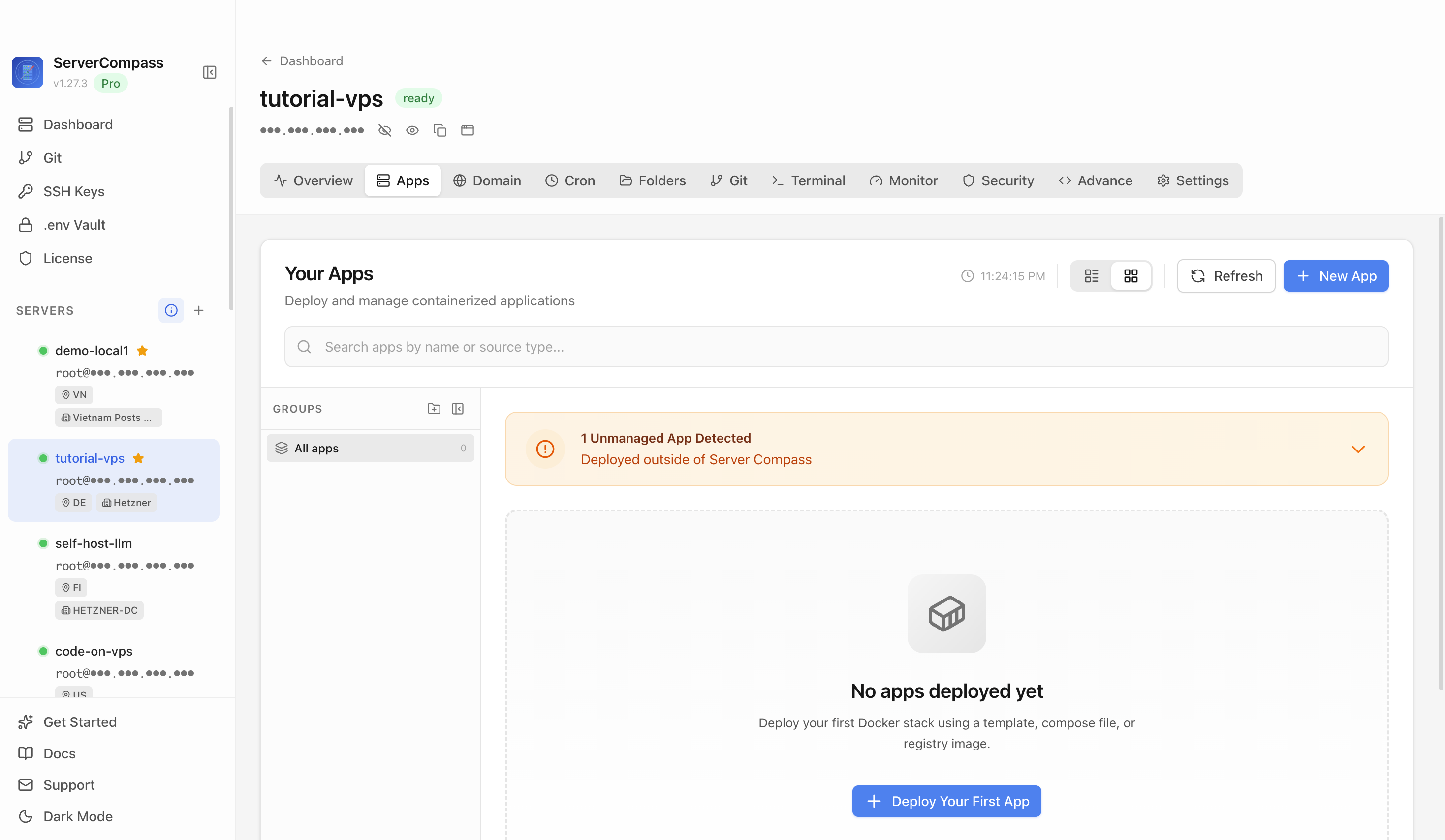 Server Compass Apps tab before creating a Fider app