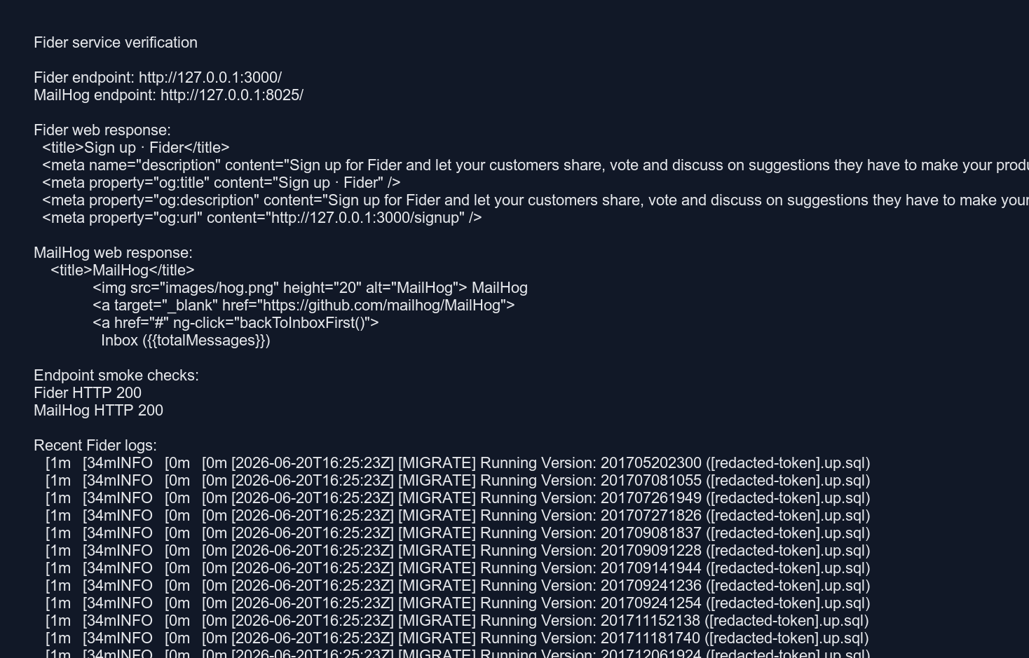Fider service verification output from logs