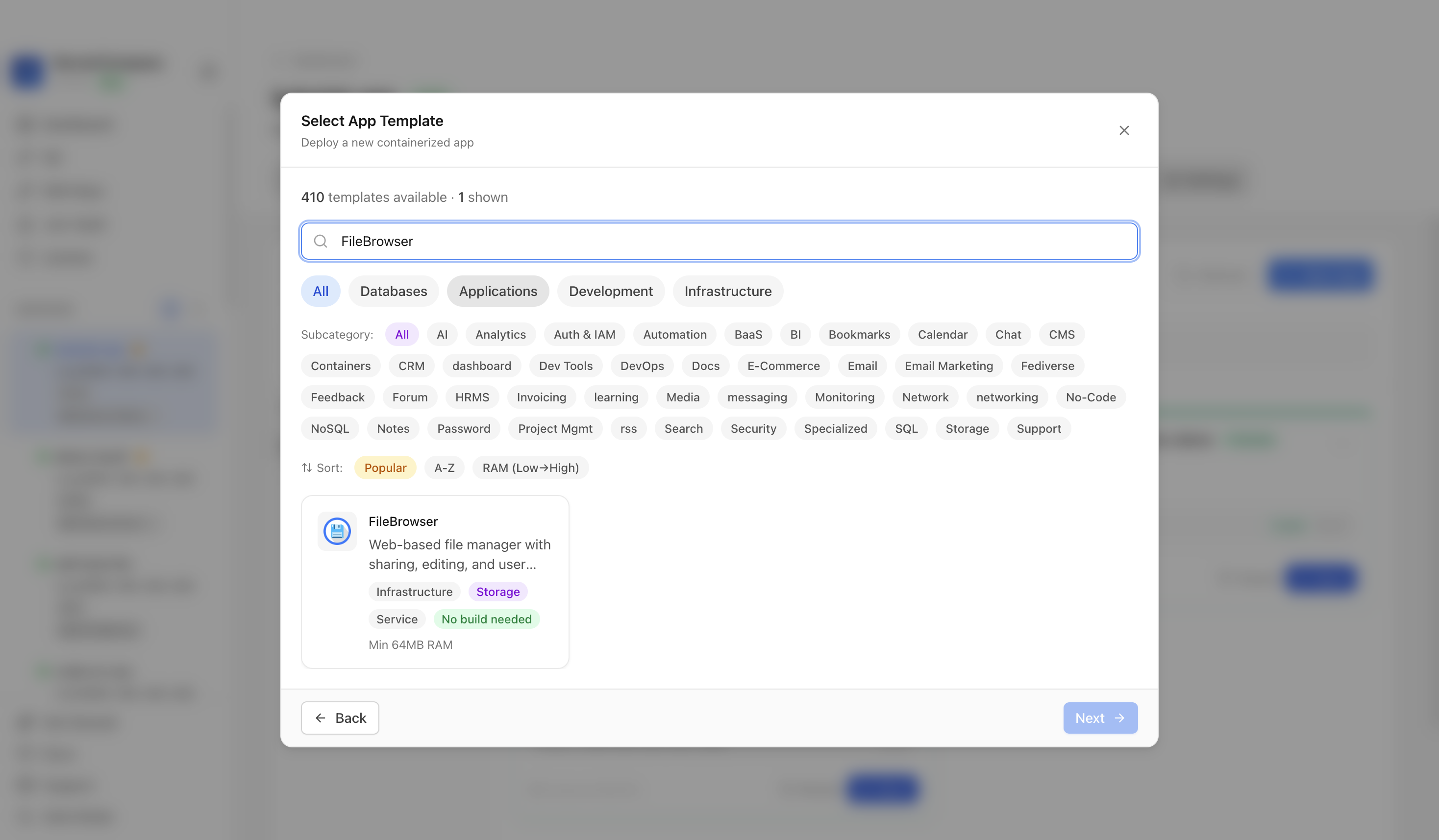 Searching for FileBrowser in the Server Compass template picker