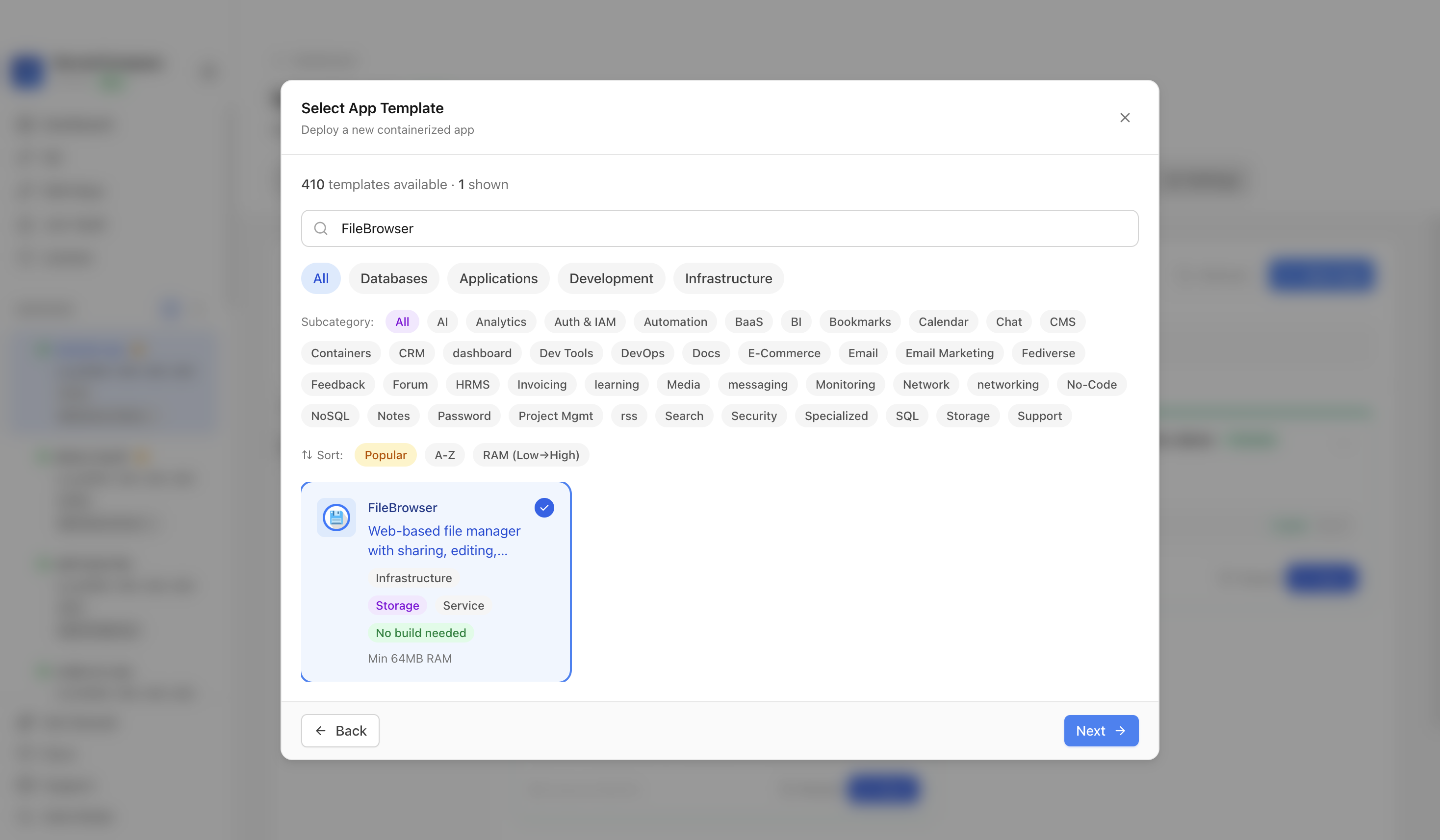 FileBrowser template selected in Server Compass