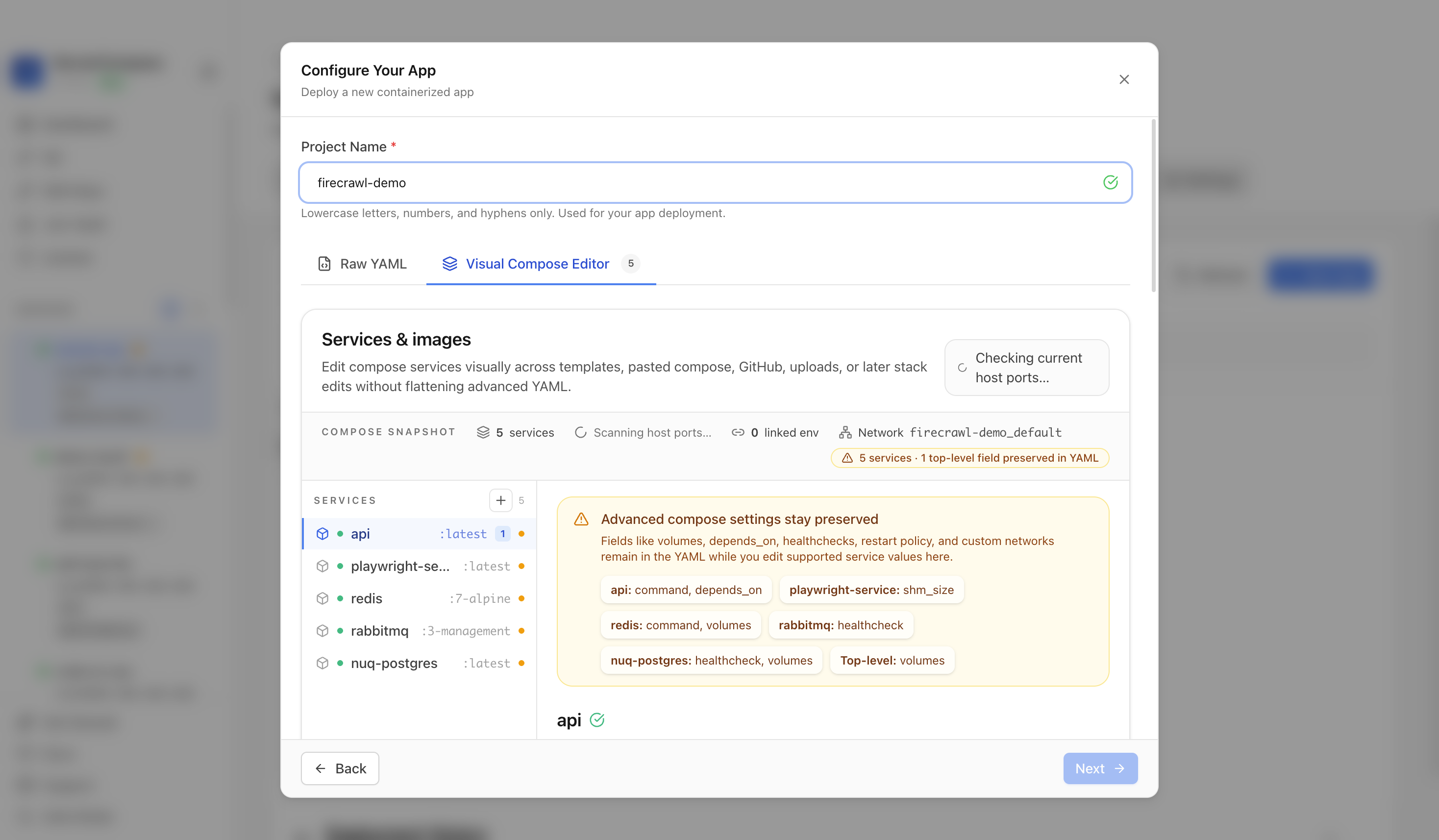 Reviewing Firecrawl project settings and compose service