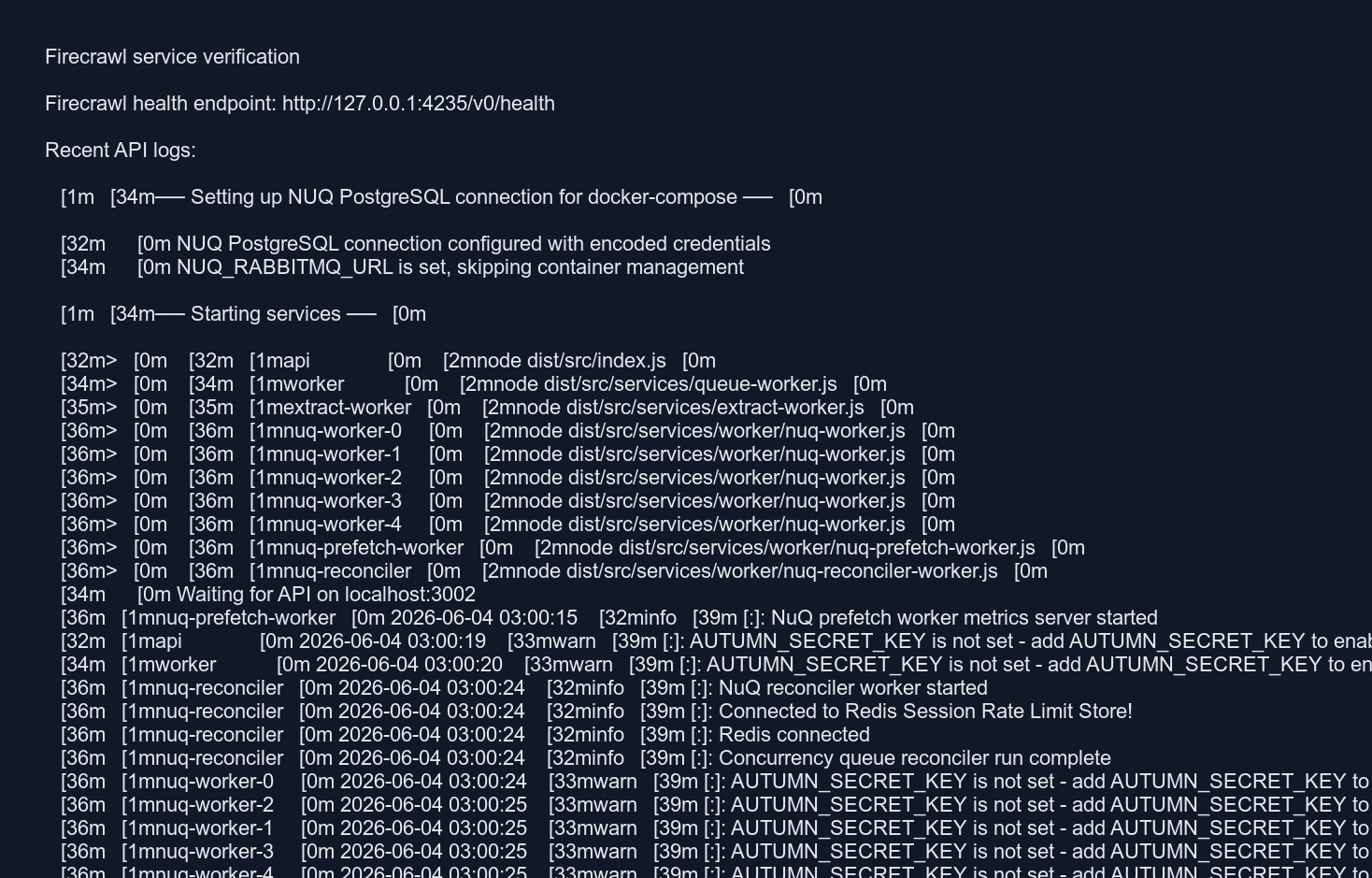 Firecrawl service verification output from logs