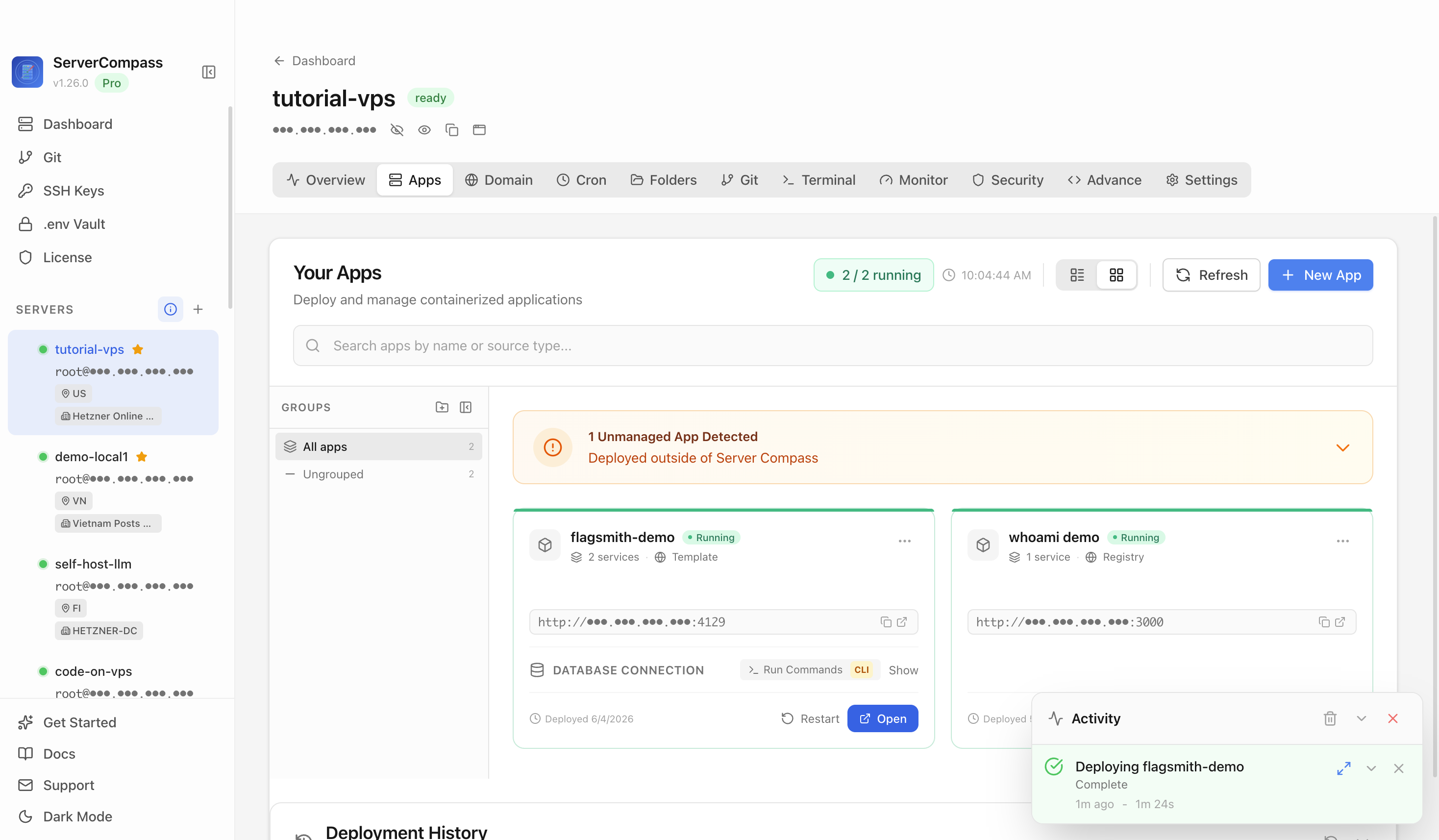 Flagsmith template running in the Server Compass Apps tab