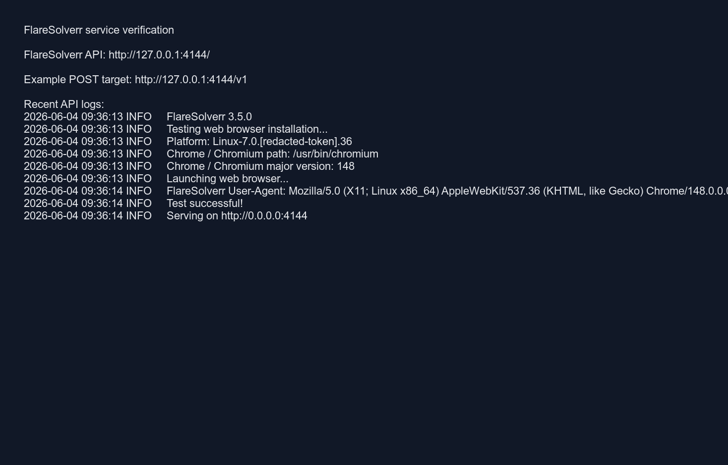 FlareSolverr service verification output from logs