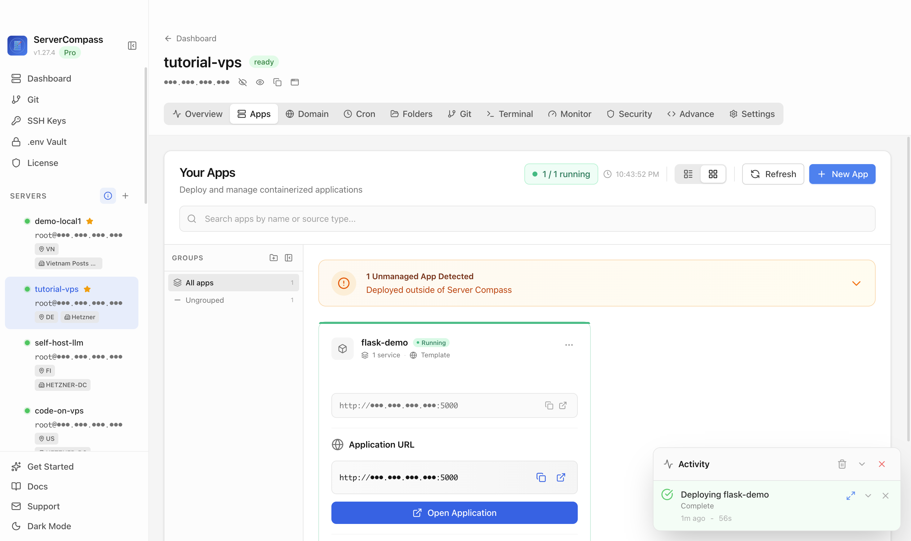 Flask template running in the Server Compass Apps tab