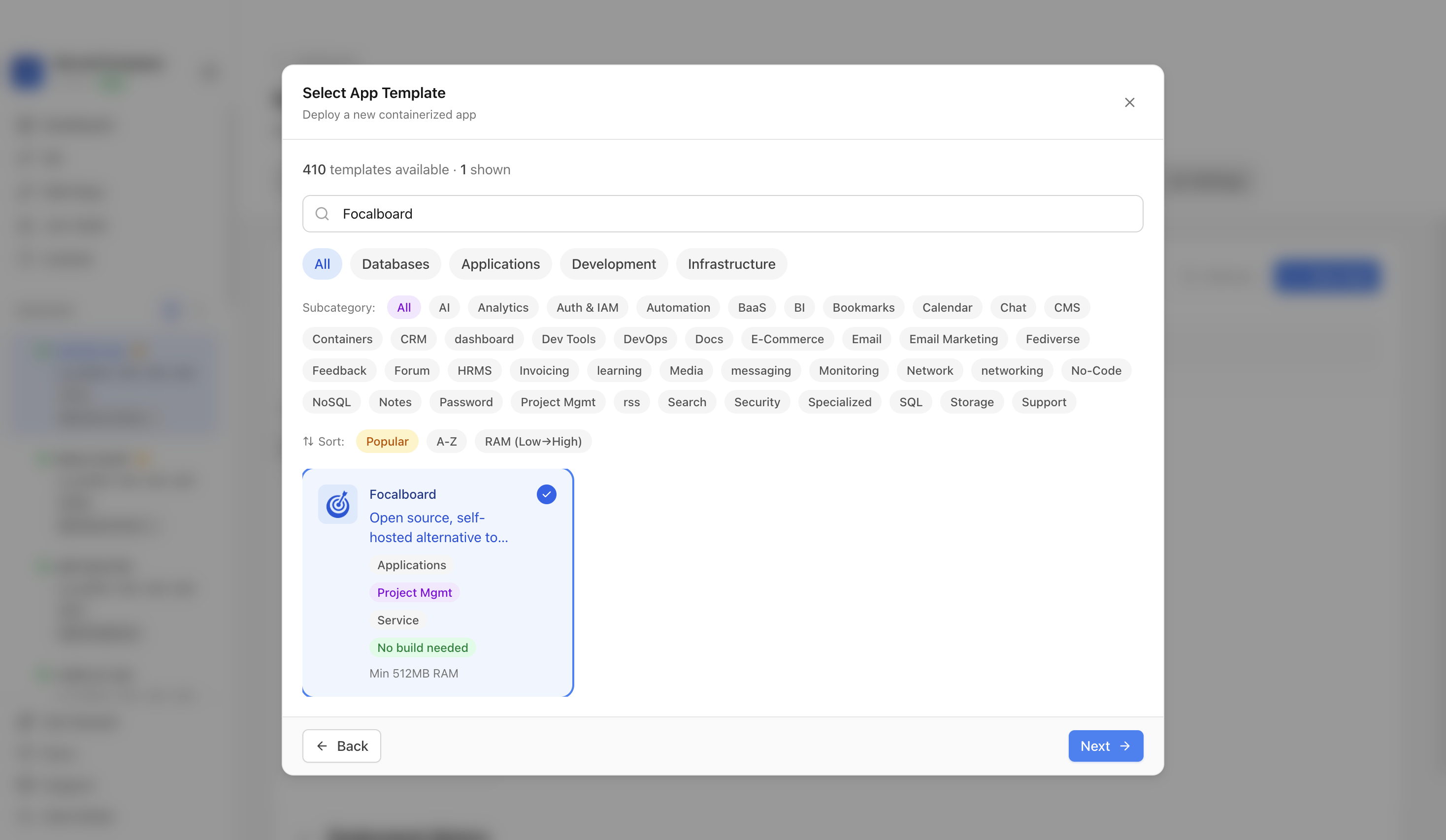Focalboard template selected in Server Compass