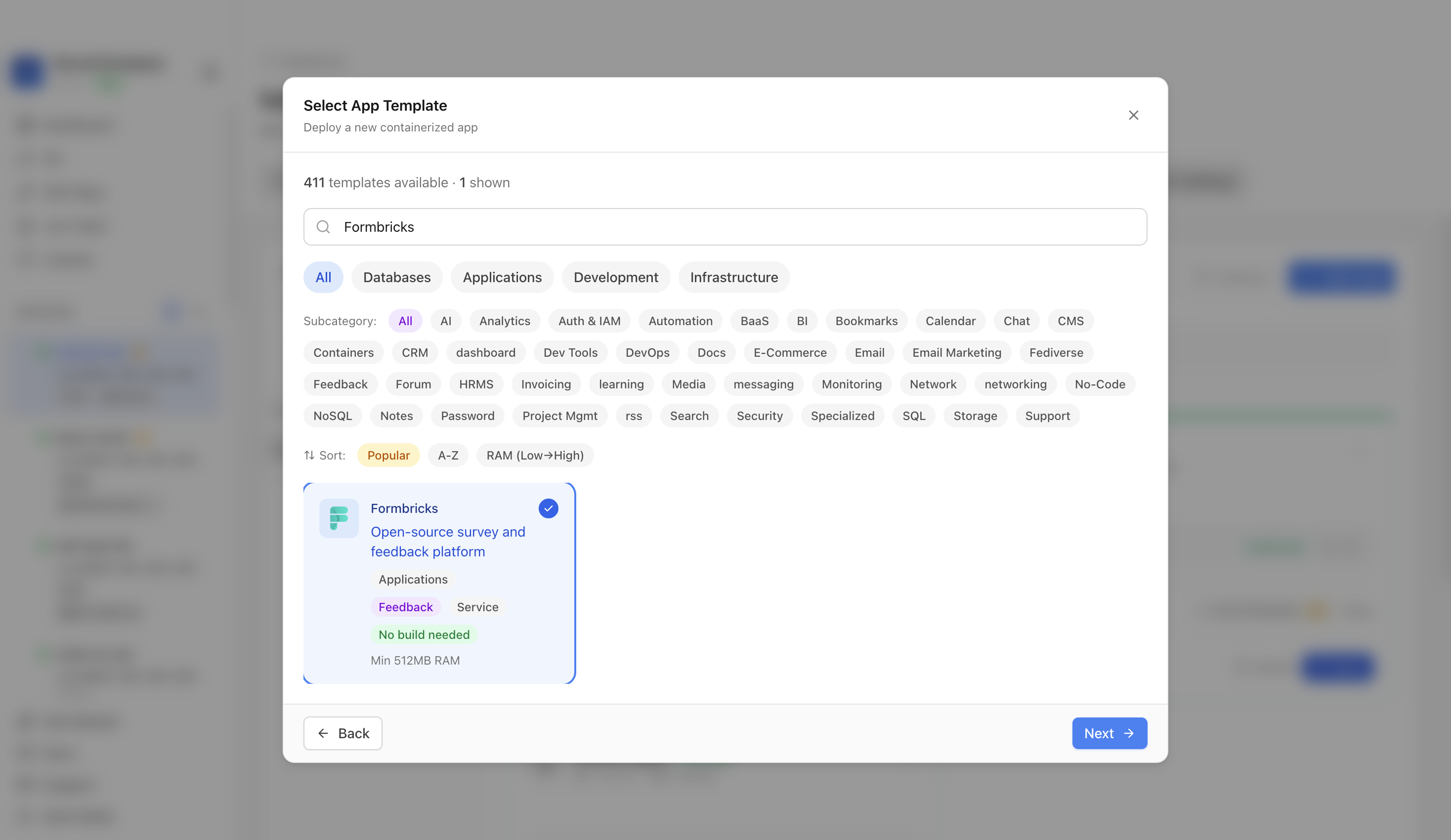 Formbricks template selected in Server Compass