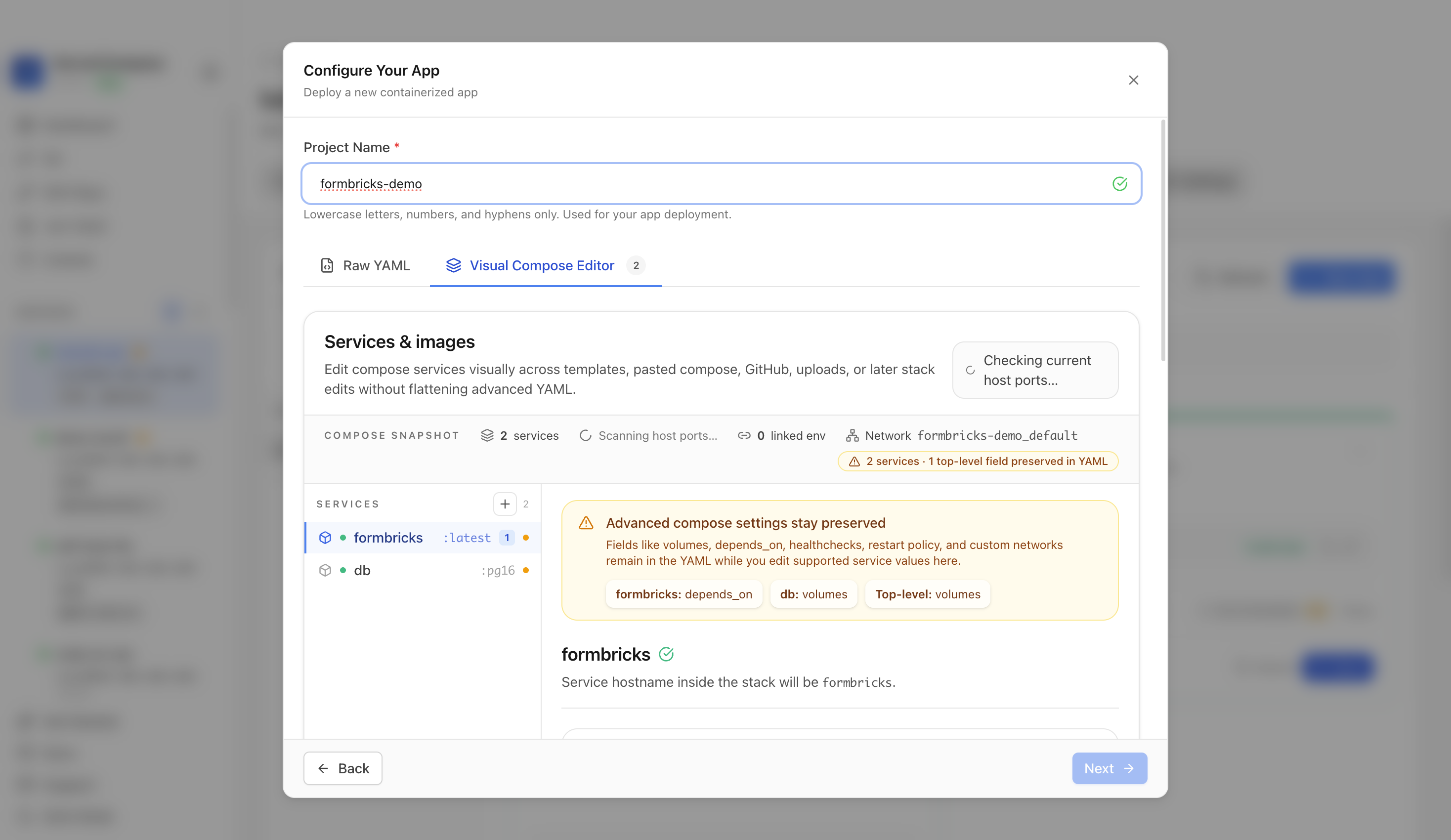 Reviewing Formbricks project settings and compose services