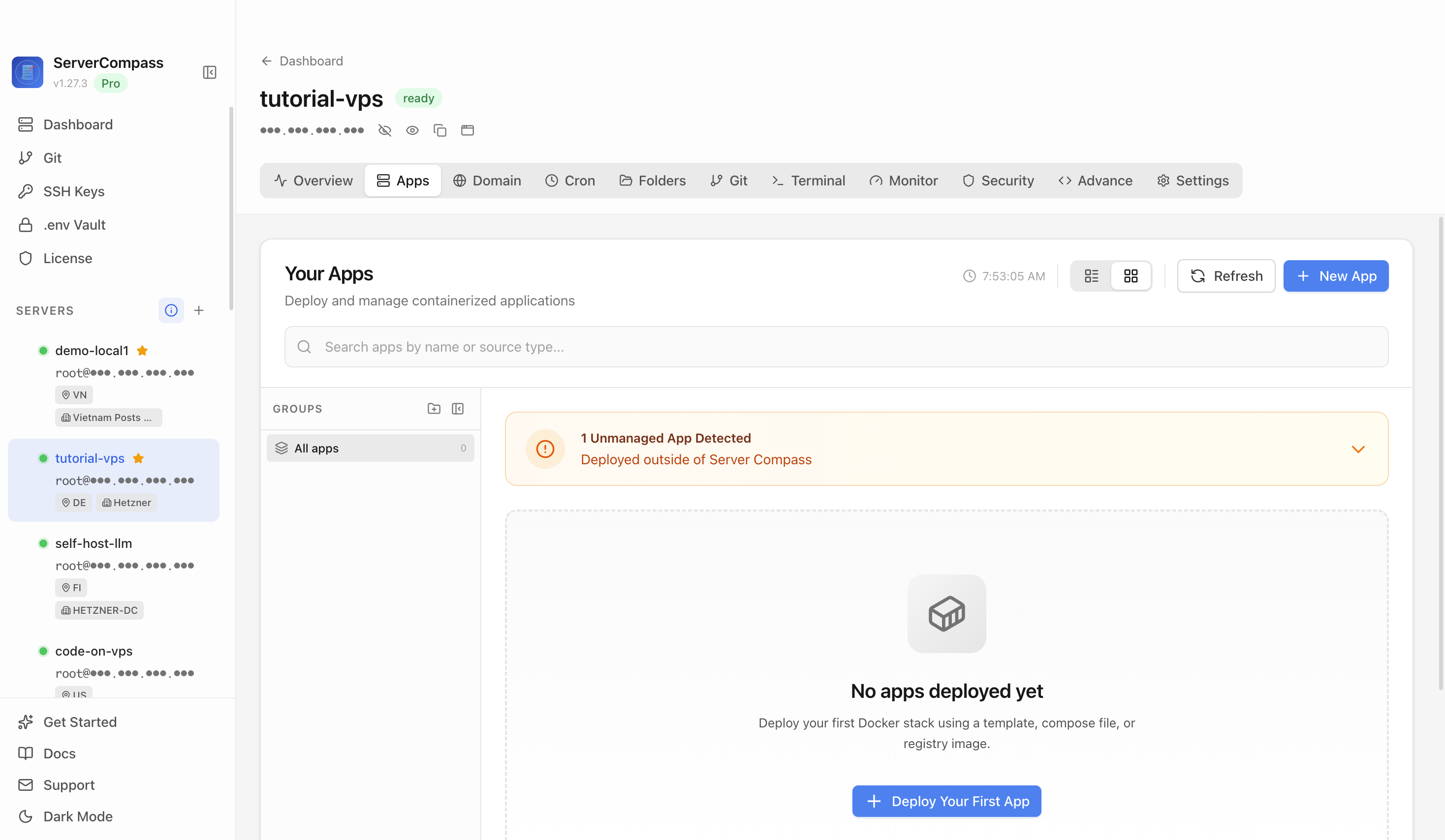 Server Compass Apps tab before creating a Frappe HR app