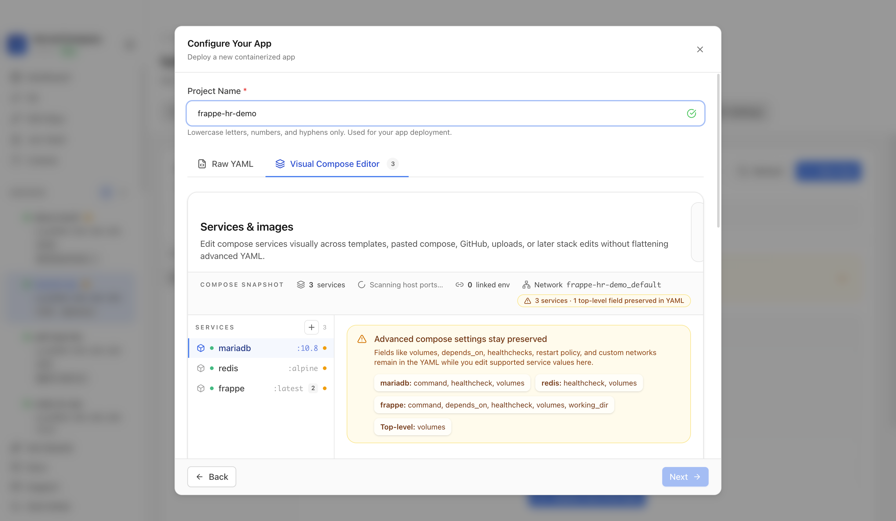 Reviewing Frappe HR project settings and compose services