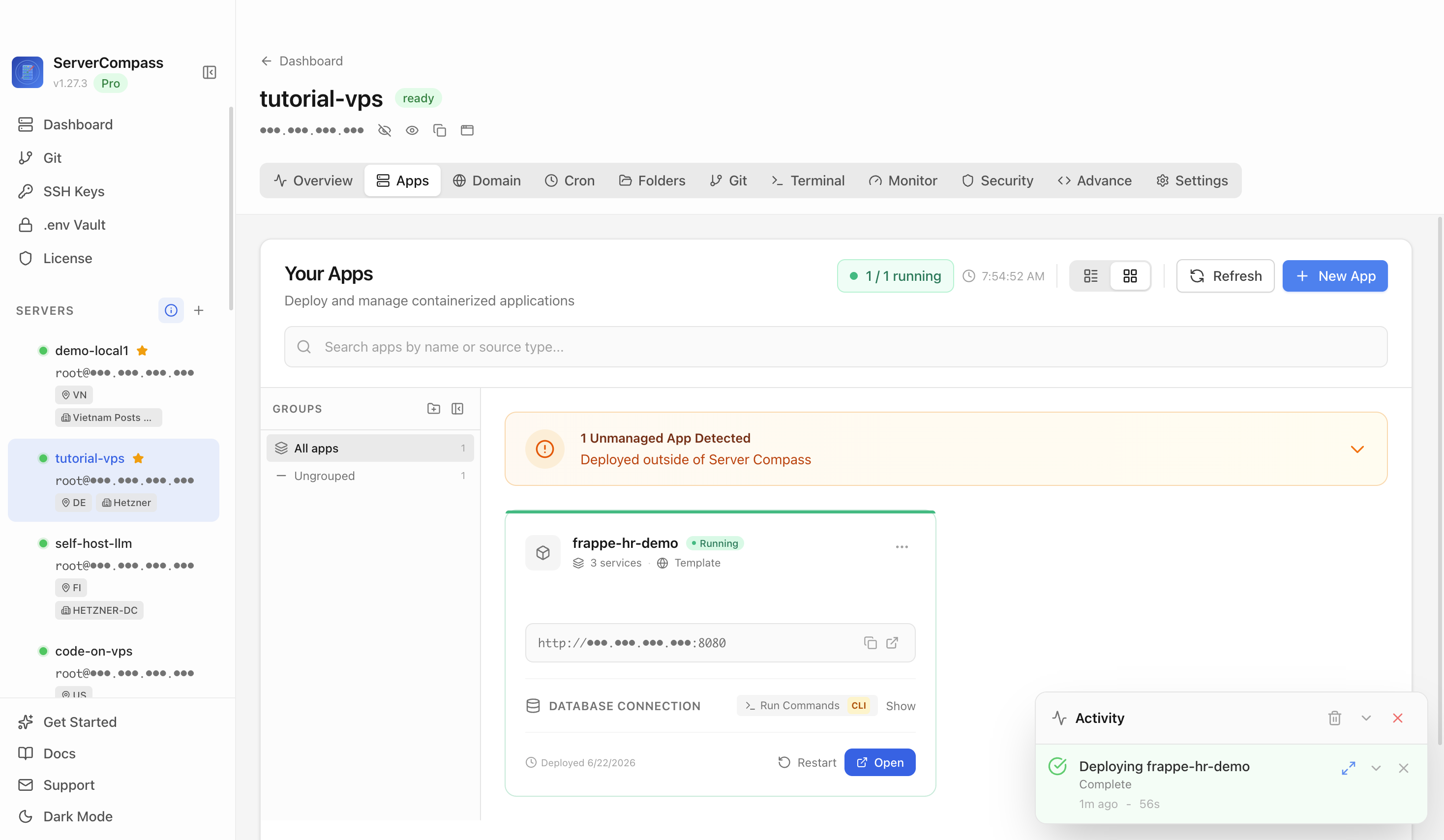 Frappe HR template running in the Server Compass Apps tab