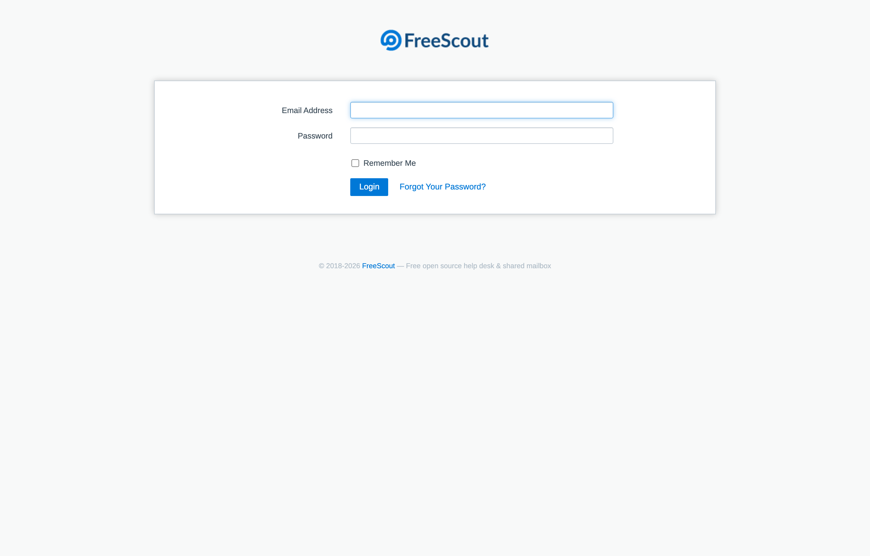 The deployed FreeScout web UI loaded in a browser