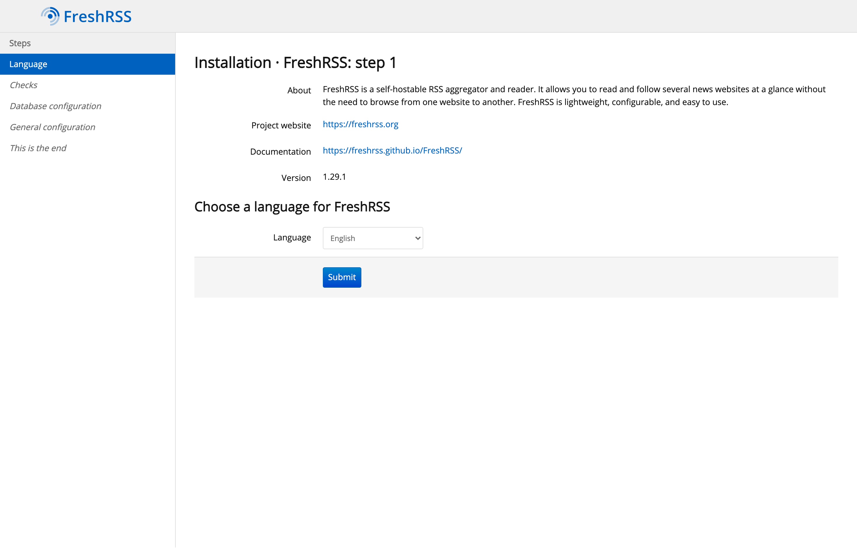 The deployed FreshRSS web UI loaded in a browser