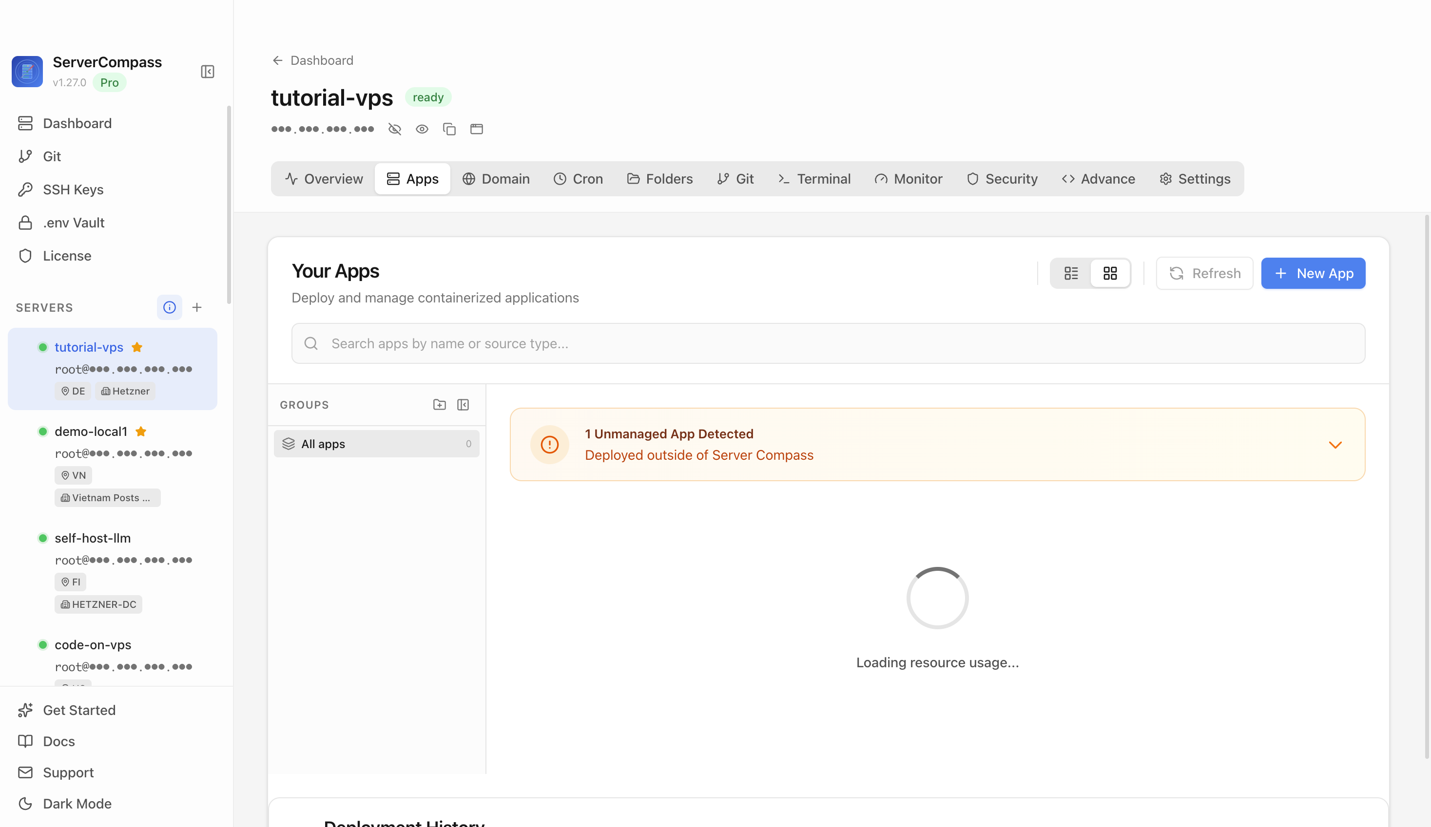 Server Compass Apps tab before creating a Friendica app